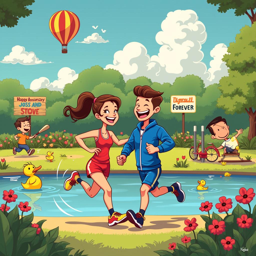 On a sunny day in a vibrant, whimsical park that melds various iconic cartoon styles, Joss and Nick are joyfully depicted in cartoon form, running hand in hand during a spirited park run. They wear bright, colorful athletic attire, with Joss in a red tank top and shorts, while Nick dons a blue tracksuit. Their faces beam with wide smiles, animated sweat droplets and motion lines accentuating their excitement. To their left, a serene lake glistens under the sun, where cartoon ducks swim and dive happily. A playful sign at the lake’s edge boldly declares "Wild Swim Zone" in bubbly, childlike writing. Behind them, a lively cricket match unfolds, featuring characters reminiscent of Charles Schulz’s Peanuts, all immersed in the game with exaggerated expressions of focus and joy. The cricket bat and ball are oversized, injecting a comical flair to the scene. In the distance, a vintage hot air balloon, inspired by Hergé's Tintin, drifts through the sky, trailing a colorful banner that proclaims "Happy Anniversary Joss and Nick." To the right, a quaint garden brimming with oversized flowers and vegetables, reflecting Winsor McCay’s Little Nemo style, showcases a cartoon couple planting a heart-shaped flower bed. Above, a clear blue sky is dotted with fluffy clouds that cleverly form the words "Joss and Nick Forever," as if gently sketched by Bill Watterson's Calvin and Hobbes. In the background, a silhouette of a vintage train emits steam that curls into whimsical shapes, nodding to the couple's love for travel. The scene is a lively celebration, filled with delightful details like a dog holding a cricket ball, birds carrying tiny luggage, and butterflies flitting about the garden. 

Generated with these themes: Park Run, Wild Swim, Cricket, Travel, and Garden.  
Made with ❤️ by AI.