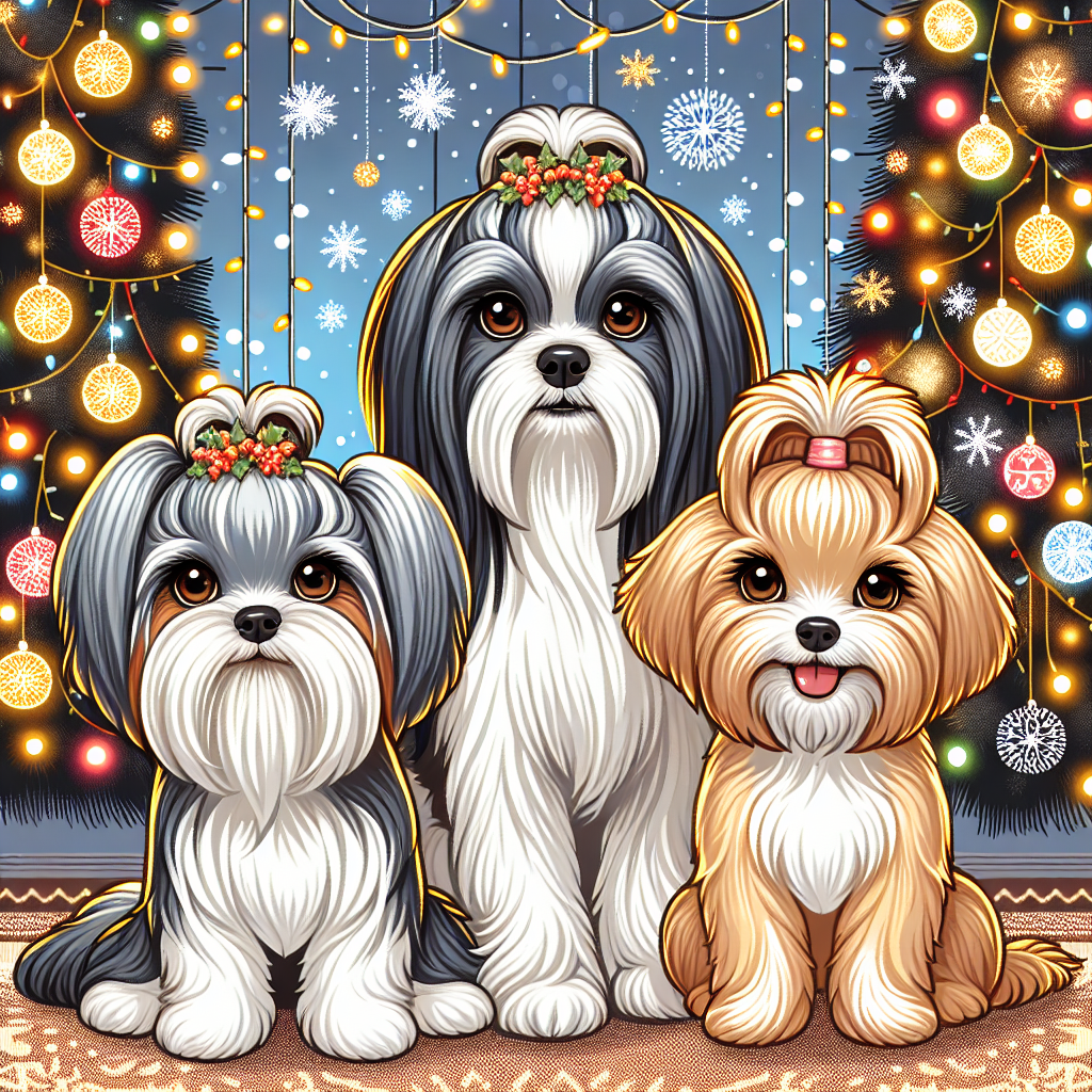 A charming vector-style Christmas illustration featuring an array of adorable dogs. At the center stands a slender Shih Tzu with a luxurious gray and white coat, flanked by a cheerful apricot Labradoodle and a tiny, inquisitive white Yorkshire Terrier. Their brown eyes sparkle with festive joy against the backdrop of twinkling Christmas lights.
.
Made with ❤️ by AI.