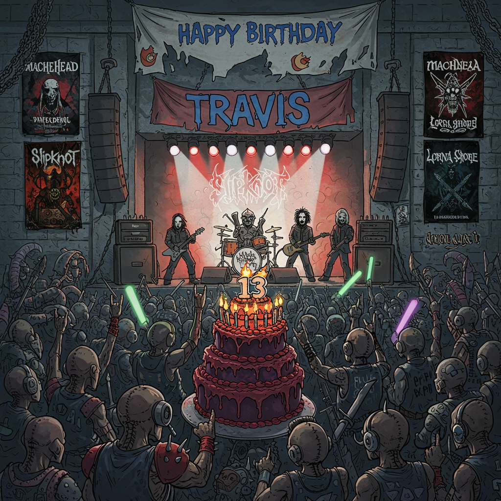 In this vibrant and humorous hand-drawn birthday scene, the world of Warhammer's Tyranids collides with a heavy metal concert featuring Slipknot. Imagine a bustling concert arena, filled with Tyranids dressed in band t-shirts and holding glow sticks, raising their clawed appendages in a rock-on gesture. 

In the foreground, center stage, there is a large, fantastical cake, decked in deep purples and midnight blacks with red piping details, echoing the gothic vibes of the concert. Atop the cake, perched like a gleeful conqueror, is a monstrous Tyranid holding a cake topper that boldly displays the number "13" in fiery orange flames. 

Suspended above the crowd, a grand banner unfurls, its tattered edges flapping in the imaginary wind, with bold gothic script that reads "Happy Birthday Travis" in electric blue. The word "Travis" appears again in graffiti-style lettering, scrawled across the side of a speaker on stage, blending into the concert's edgy vibe.

The background is a swirl of activity, with a stylized Slipknot band performing under intense, swirling stage lights of red and white. The band members are abstracted but recognizable with their distinct masks, rendered in a slightly exaggerated, cartoonish fashion. 

Surrounding the arena are oversized posters of Machine Head, Lorna Shore, and Amon Amarth, plastered on stone-like walls, their graphics vivid and larger-than-life, each using a palette of moody blues, fiery reds, and metallic silvers to capture the bands' distinctive logos and imagery.

The scene brims with details: an intricate tapestry of coiling wires and instruments litter the stage, and the audience—more Tyranids—are decked out in eclectic costumes, some with oversized headphones, others with band merch, and all illustrated with meticulous attention to their alien anatomy. The concert’s energy is palpable, captured through dynamic, swirling lines reminiscent of Beardsley’s intricate patterns and Blake’s spirited sketches. 

The entire composition is unified in a slightly fantastical, yet grounded color palette of deep purples, inky blacks, and vivid metallics, paying homage to the atmospheric storytelling of Rackham and Parrish, while maintaining the humor and whimsy found in Sendak's work.
Generated with these themes: Warhammer Tyranids at a concert, watching the band Slipknot. There are posters for the band Machine Head. There are posters for the band Lorna Shore. There are posters for the band Amon Amarth. There is a big cake with the number 13 on top, and There is a banner that says Happy Birthday Travis.
Made with ❤️ by AI.