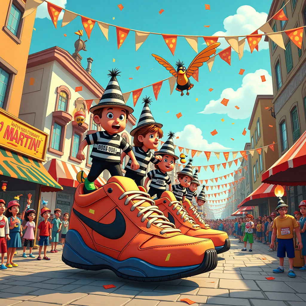 The scene unfolds in a lively and vibrant carnival, with a whimsical twist that blends a variety of themes in a unique and humorous way. At the center, a large, colorful carnival float is shaped like a giant pair of running shoes, symbolizing sportswear, and is parading down a cobblestone street. The float is adorned with oversized, glittery soccer balls and tennis rackets that bob up and down with the movement. 

On top of the float, a group of cartoon characters, reminiscent of Bill Watterson's Calvin and Hobbes style, are dressed in zany prison play role costumes. They're wearing black-and-white striped shirts and pants, but their prison hats are festooned with feathers and sequins, a nod to the carnival spirit. These characters are energetically dancing to a jazzy tune, played by a band of animated musical instruments marching alongside the float.

In the background, the street is lined with festive decorations. Colorful banners stretch across the scene, and one prominently displays "Happy Birthday, Martin!" in bold, comic sans letters. The banners are supported by lamp posts styled like candy canes, a playful nod to Charles Schulz’s Peanuts charm. 

The crowd is a mix of carnival goers in wild costumes, reminiscent of Walt Disney's ensemble of lively characters, all cheering and waving as the float passes by. Above them, confetti rains down from the sky, catching the light like sparkling snowflakes. In the distance, a character on stilts, resembling Osamu Tezuka's manga influence, is juggling flaming torches, adding a dynamic touch to the scene.

To the side, a small kiosk is set up, painted in bright circus stripes. It's selling quirky birthday hats and oversized foam fingers, merging the party and sportswear themes. One of the hats, worn by a mischievous-looking cartoon bird perched on the kiosk roof, reads "Go, Martin!" in big, bold letters. The bird gives a cheeky salute with its wing, a nod to R. Crumb's whimsical humor.

Finally, the sky is a vivid twilight, with fluffy clouds shaped like balloons spelling out "Martin." The scene is a riot of color and movement, perfectly capturing a playful and celebratory atmosphere.
Generated with these themes: Prison Play role play, Fasching and Karneval or Carnival, Dance & Party, and Sportswear.
Made with ❤️ by AI.