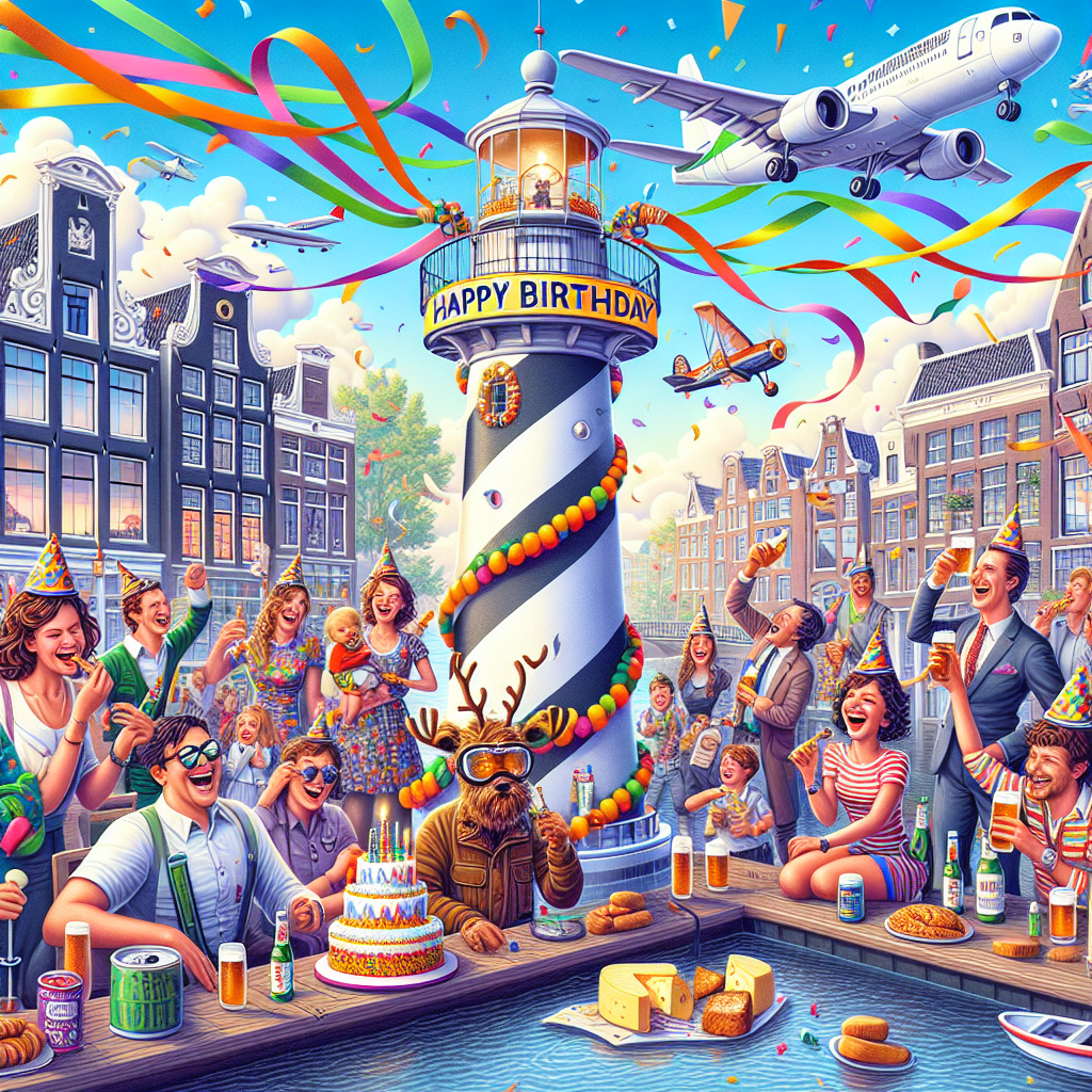 Create a detailed illustration which portrays a colorful birthday celebration located in Amsterdam. In the centre of the scene, there is an iconic lighthouse standing tall and embellished with vibrant streamers. Around the lighthouse, party attendees of different genders and descents, donned in party outfits, are munching on various cheeses and holding wholesome beers, demonstrating the city's rich cultural traditions. They are seen to be laughing and engaging in jovial chatter along the canal. High up in the sky, an airplane dashes across the frame, carrying a banner that reads 'Happy Birthday.' Adding a delightful touch to the scene, a gleeful moose wearing aviator goggles waves enthusiastically from the airplane cockpit. The atmosphere is lighthearted, vibrant, and convivial, and the composition is an amalgamation of distinctive Amsterdam elements with a festive aura.
Generated with these themes: Amsterdam , Lighthouse , Beer, Cheese, Airplane , and Moose.
Made with ❤️ by AI.