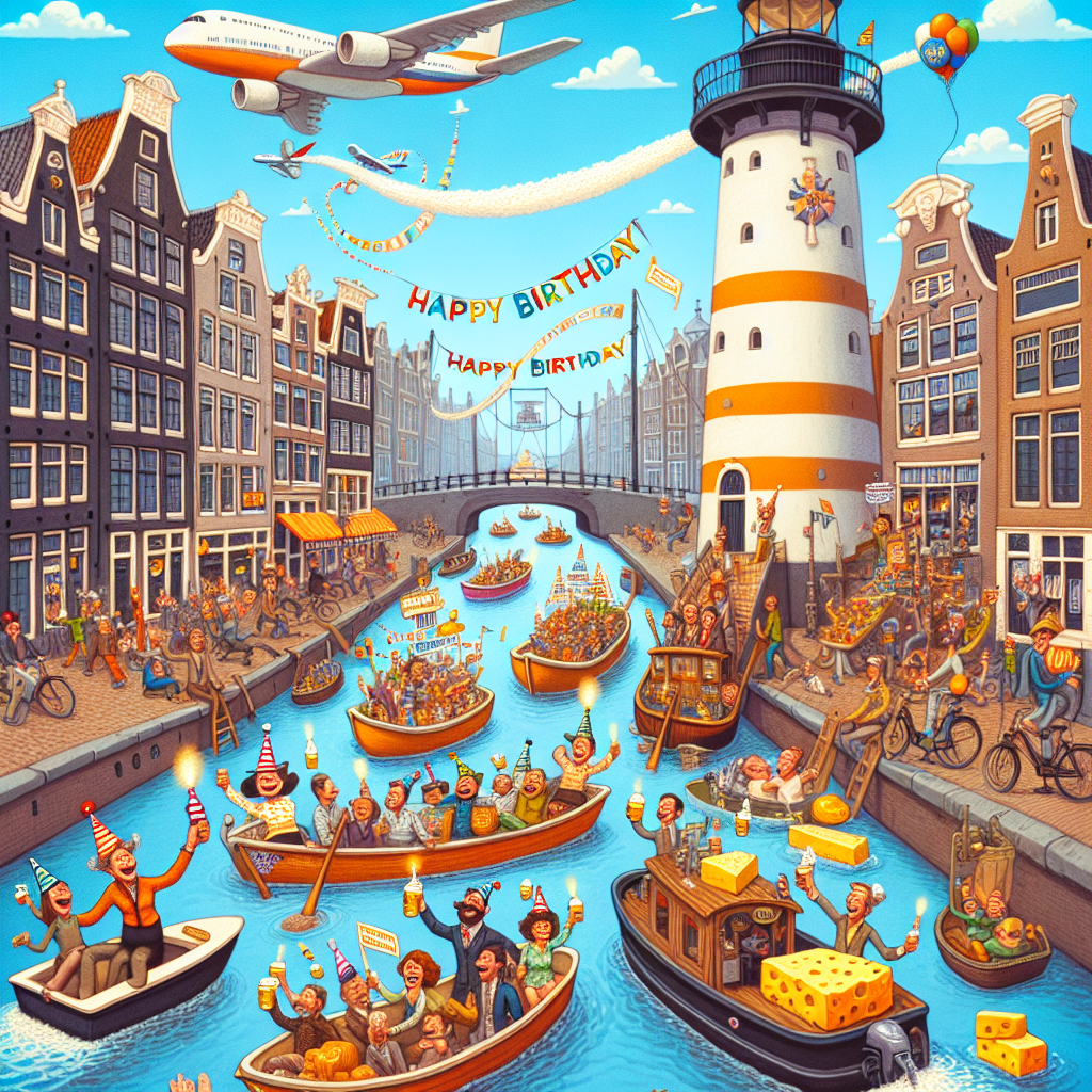 Create a whimsical illustration depicting a lively scene in an Amsterdam canal. A towering lighthouse stands at the edge, overseeing the festive boats decorated with birthday banners floating by. Numerous animated figures of diverse race and gender are seen leaning out of the boats, toasting with frothy beers and sharing wheels of cheese, sharing joy and laughter. Above in the clear blue sky, an airplane is seen skywriting 'Happy Birthday'. Adding a humorous element, a cartoonish moose sporting a party hat is seen maneuvering a tiny pedal boat. The overall setting is vibrant, full of bustle, cheerfulness and birthday celebrations.
Generated with these themes: Amsterdam , Lighthouse , Beer, Cheese, Airplane , and Moose.
Made with ❤️ by AI.