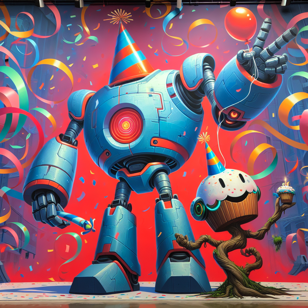 Envision an energetic birthday-themed mural featuring a tall, majestic blue and red robot donning a playful party hat and clutching an iridescent balloon. Nearby, a small, playful tree-like creature sways with the rhythm of the music, cradling a petite birthday cupcake in its bristly branches. The scene is set against a backdrop abundant with swirling streamers and fluttering confetti, creating an atmosphere brimming with festive cheer and mirth, perfect for a notable birthday celebration.
Generated with these themes: Transformers , and Guardians of the galaxy .
Made with ❤️ by AI.