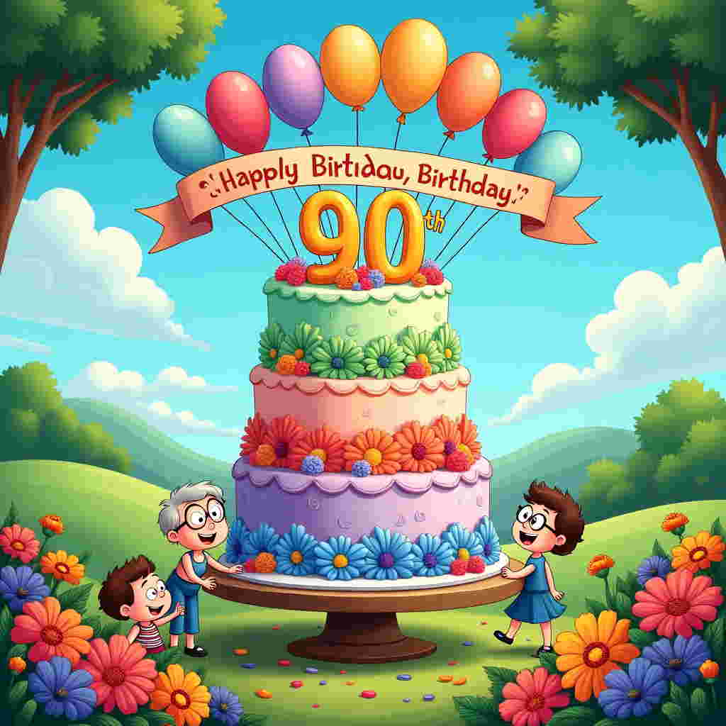 Picture a vibrant, cartoon-style birthday scene bursting with life and color. Imagine a large, round table in the center of the image, topped with an enormous, towering cake. The cake is a whimsical three-tiered spectacle, each layer a different pastel hue: mint green, lavender, and soft pink. The icing is swirled with cartoonishly exaggerated floral patterns in bold colors—sunflower yellow, rose red, and sky blue—making each tier a delightful bouquet.

Perched atop this confectionery marvel is a festive candle arrangement spelling out "90" in bright, golden numbers. The number "90" is artistically exaggerated, with the flames flickering playfully.

Above the cake, a vibrant arch of balloons floats, forming a rainbow cascade of colors. Each balloon is rendered in an exaggerated cartoon style, oversized and impossibly shiny, reflecting highlights as if bathed in sunlight. Nestled among these balloons is a large banner, fluttering with the text "90th Birthday" in bold, swirling letters. The banner is striped in the same vibrant hues as the balloons, making it pop against the sky.

Surrounding the table are clusters of cartoon-style flowers, with exaggeratedly large petals in a riot of colors—fiery orange marigolds, deep blue violets, and bright pink peonies. The flowers seem to dance and wave in the imaginary breeze, their leaves in rich emerald tones.

The background is a simple, classic cartoon countryside scene, with gently rolling hills in soft greens. A few fluffy, white clouds drift lazily across a sky of cerulean blue, completing the picturesque backdrop.

Incorporate cartoon characters inspired by the styles of Schulz or Watterson, perhaps an elderly but sprightly figure with oversized round glasses and a toothy grin, holding a slice of cake almost as big as their head. Other characters could be children with expressive, wide eyes, eagerly reaching for balloons or admiring the flowers, adding layers of playful interaction to the scene.
Generated with these themes: 90th Birthday , Flowers , Cake , and Balloons .
Made with ❤️ by AI.