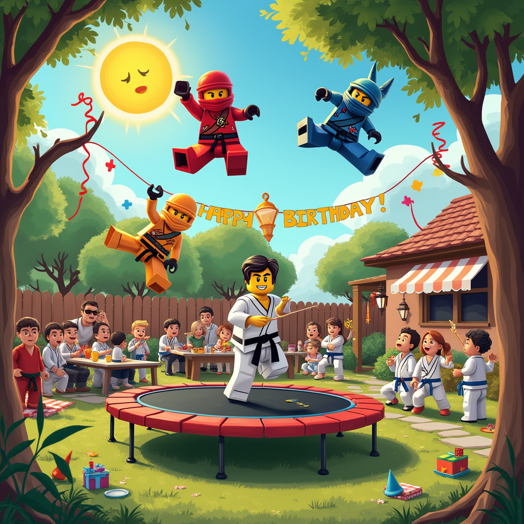In a bustling backyard birthday party setting, the scene is a playful clash of cultures and skills. Picture a large, colorful trampoline taking center stage, surrounded by a lively group of party-goers of all ages. On the trampoline, a small squad of cartoonish LEGO-like Ninjago characters is mid-action, leaping and flipping with exaggerated comic precision, their brightly colored ninja outfits billowing as they twist through the air. Each character is caught in a different iconic martial arts pose, with one performing an impressive mid-air roundhouse kick, while another executes a perfectly balanced handstand.

Meanwhile, in the foreground, a Taekwondo instructor, with a sleek black belt and a slightly bemused expression, stands beside a fold-out table piled high with party hats and gift boxes. His outstretched hand holds a small board in place as a group of energetic children eagerly lines up for their turn to break it, karate-style. Each child wears a white dobok with colorful belts indicating their Taekwondo ranks. Scattered around the trampoline are inflatable ninja stars and rubber nunchucks, adding to the whimsical chaos.

Above, streamers of red and gold twist around tree branches, and a banner reading "HAPPY BIRTHDAY!" hangs between two trees. In the background, cartoonish, slightly exaggerated parents lounge on picnic blankets, sipping from oversized teacups and laughing at the antics of the kids. A sun wearing sunglasses winks down from a clear blue sky, casting playful shadows across the scene. The details convey a sense of movement and action, capturing the imaginative crossover between the structured discipline of Taekwondo and the whimsical acrobatics of Ninjago, all under the light-hearted guise of a birthday celebration.
Generated with these themes: Ninjago, Taekwondo, and Trampoline.
Made with ❤️ by AI.
