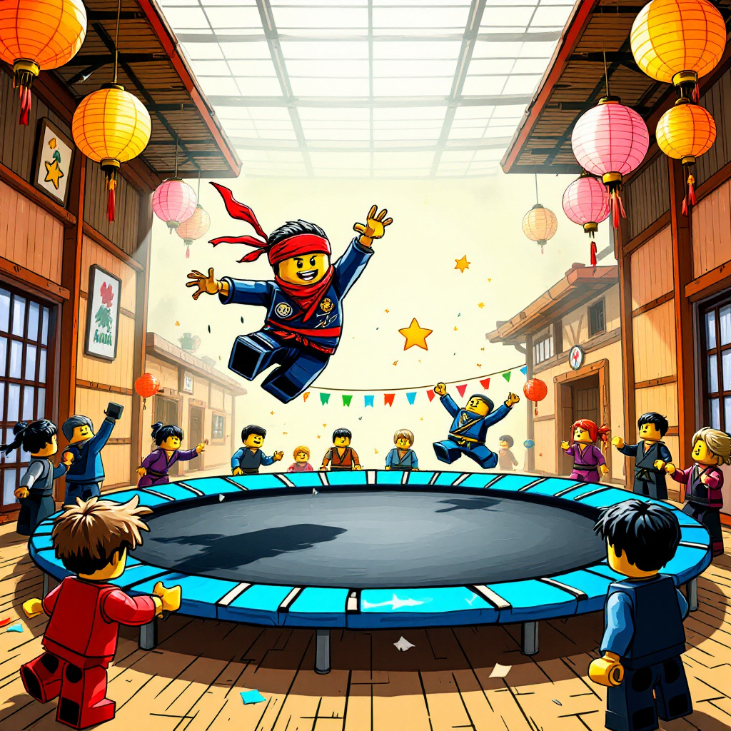 In this quirky and vibrant birthday card scene, imagine a bustling dojo with bamboo walls and colorful paper lanterns hanging from the ceiling. At the center, a large trampoline takes stage, surrounded by a mix of Ninjago characters and Taekwondo students. On one side, a LEGO-inspired Ninjago character with a red bandana, reminiscent of Charles Schulz’s expressive style, is attempting a gravity-defying somersault, arms outstretched, while bouncing high on the trampoline. His eyes are wide with determination, drawn with thick, lively lines like those of Bill Watterson’s Calvin. Next to him, a Taekwondo student with a black belt, portrayed with the energetic flair of Gary Larson's work, is executing a high-flying spinning kick, a trail of motion lines indicating speed, and a single yellow star floating above for cartoonish effect.

On the sidelines, there’s a humorous detail with a Ninjago sensei, depicted in a style nodding to Hergé’s clean and expressive lines, sipping tea calmly while holding a sign that reads, "Ninja-Level Birthday Bounce!" with a playful wink. Nearby, a student in a crisp white Taekwondo gi is tying a bright blue balloon to a ninja star, a nod to Osamu Tezuka’s imaginative approach, with the balloon carrying the words “HAPPY BIRTHDAY!” in bold, cheerful letters. Scattered around are tiny shurikens painted in pastel colors, shaped like stars and confetti, littering the wooden floor. A vivid rainbow-colored dojo banner in the background, with Will Eisner-inspired lettering, proudly proclaims, "Leap Into Another Year!" capturing the adventurous spirit of the card. The overall composition is a playful chaos of movement and detail, packed with Easter eggs for fans of both martial arts and whimsical cartoon storytelling.
Generated with these themes: Ninjago, Taekwondo, and Trampoline.
Made with ❤️ by AI.