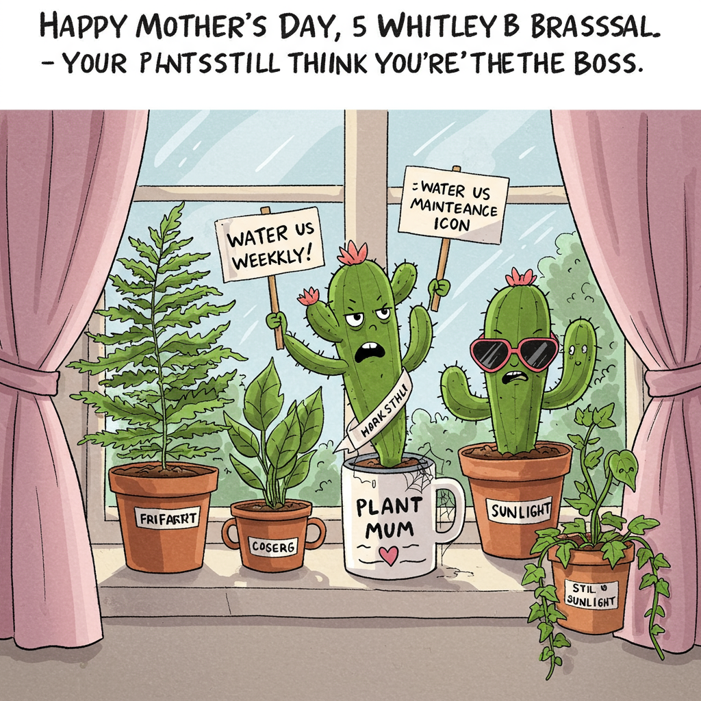 At the top of the illustration image: "Happy Mother's Day, 5 Whiteley Brassall – your plants still think you're the boss!"

**Image Prompt:**  
A group of rebellious houseplants (with faces and little cartoon limbs) staging a cheeky protest on a windowsill. One fern holds a tiny picket sign reading “Water Us Weekly!” while a cactus smugly wears sunglasses and a sash that says “Low Maintenance Icon.” A watering can hides behind a curtain, peeking out nervously. One overly dramatic ivy flops over a pot labeled “Still No Sunlight.” All plants are side-eyeing an empty mug labeled “#1 Plant Mum” with cobwebs in it. Bright, cheerful colours, loose sketchy style, comical facial expressions — perfect for a hilarious, mum-centric day of appreciation (from her leafy, ungrateful kids).
Generated with these themes: 5 Whiteley Brassall.
Made with ❤️ by AI.