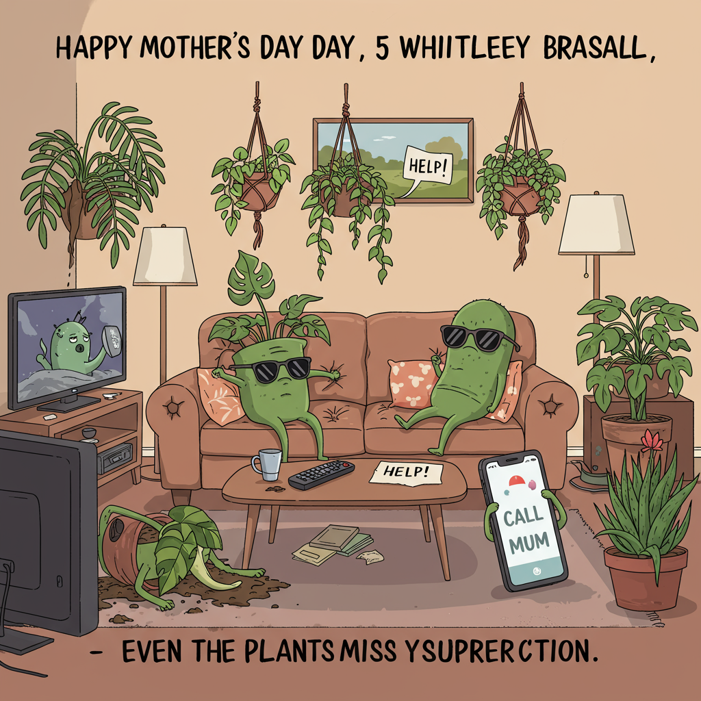 At the top of the illustration image, "Happy Mother’s Day, 5 Whiteley Brassall — even the houseplants miss your supervision!"

**Prompt for the illustration:**

A cozy, slightly chaotic living room with five mischievous houseplants in varying states of mayhem. One leafy plant has tipped over and spilled soil like it's fainted. Another has twisted its vines around the TV remote. A third is slouched on the sofa with sunglasses, clearly giving up on watering routines. A tiny cactus is wearing a tiny “HELP!” sign, and one hanging plant is using a leaf to scroll through a phone with an alarm that says “Call Mum.” The overall vibe is cheeky, colourful, and endearingly disheveled—clearly showing what happens when Mum’s not there to keep order. No humans in the image—just plants doing their hilarious best.
Generated with these themes: 5 Whiteley Brassall.
Made with ❤️ by AI.