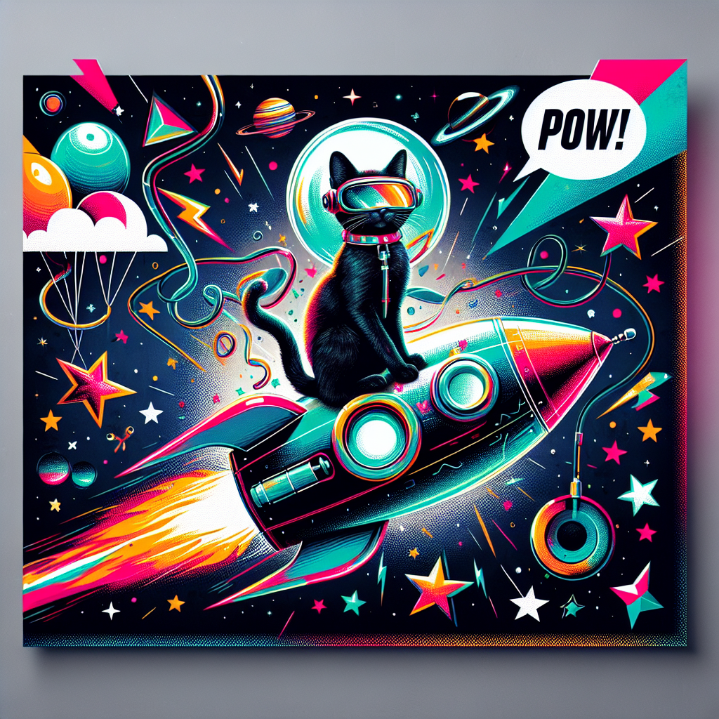 A whimsical, abstract birthday scene portrays a sleek black cat wearing a shiny space helmet, perched atop a vibrantly colored rocket. Stars and celestial bodies zoom by in the backdrop. A luminous neon sign resembling a charging battery icon takes a corner space, lending a modern tech ambiance to the scene. Bouncy comic speech bubbles emit playful martial arts action sounds—'Pow!' 'Zoom!'—introducing a unique infusion of martial arts into the festivities.
Generated with these themes: Rocket black cat Tesla kung fu.
Made with ❤️ by AI.