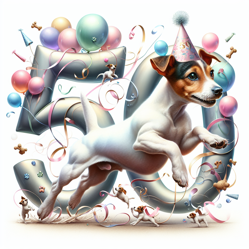 Generate an image depicting a charming and lifelike birthday scene. The background is filled with festive balloons and streamers of a soft, pastel palette. The central figure in the image is a Jack Russell Terrier, captured mid-stride, its muscles sharply defined and eyes energized, channeling the motion of running. The dog is further characterized by wearing a delicate party hat. Additionally, intricately incorporate the number '50' into the scene, blending it artistically with paw prints and tiny bones. This entire composition signifies the celebration of a lively 50th birthday party.
Generated with these themes: Jack russell, Running , and 50th birthday .
Made with ❤️ by AI.