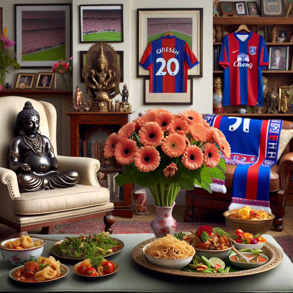 Imagine a heartfelt scene unfolding in a cozy corner dedicated to celebrating Mother's Day. The eye is immediately drawn to a fresh cluster of Gerberas sitting in a delicate vase. Next to the vibrant flowers, there's an extravagant spread of enticing Thai cuisine, elegantly presented on an intricately designed serving plate, beckoning to be enjoyed. Decorating the room passionately are football team memorabilia, including scarves and framed photographs, reflecting the inhabitants' love for the sport. Overlooking this arrangement in the room is an intricately carved figure of Ganesh, positioned with its comforting presence bringing blessings and joy to the occasion.
Generated with these themes: Gerberas, Liverpool FC, Thai food, and Ganesh.
Made with ❤️ by AI.