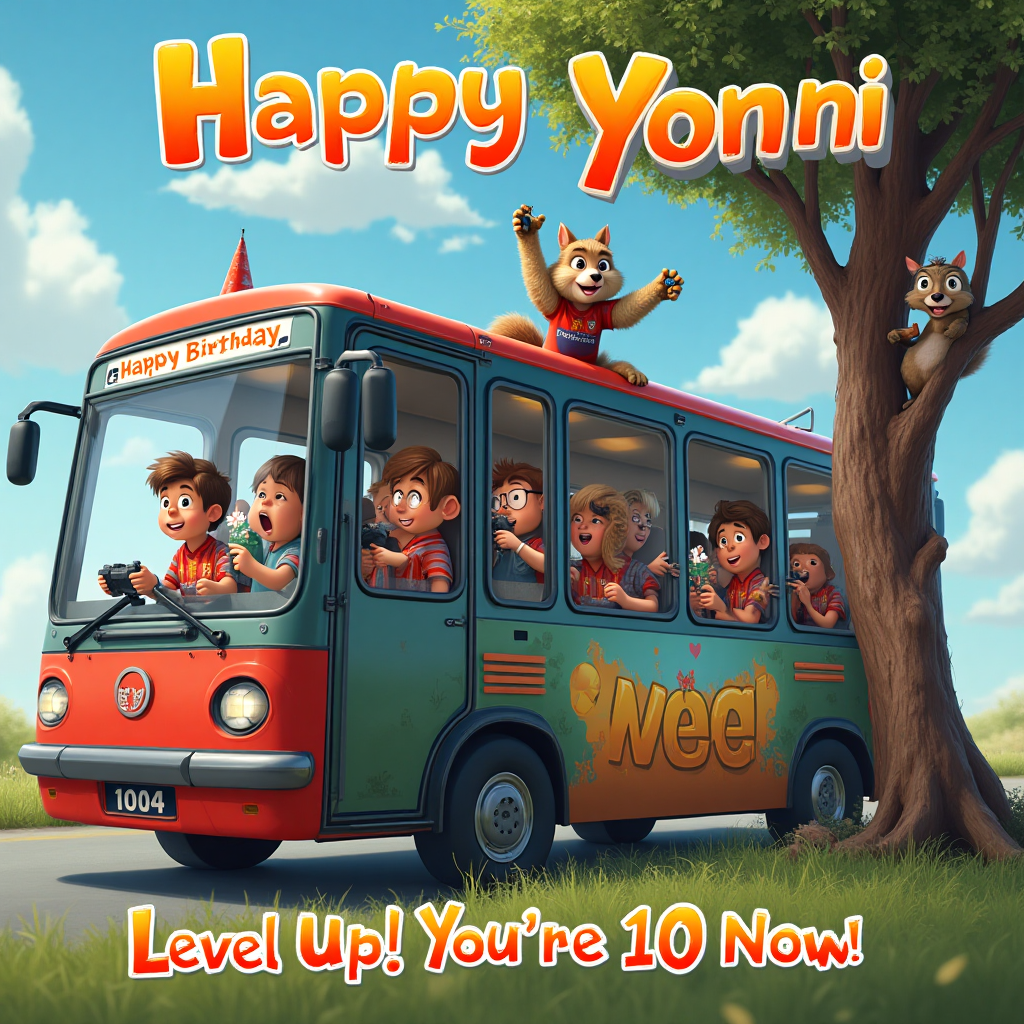 At the top of the Photorealistic picture taken from a camera image, the text "Happy Birthday Yonni" appears in vibrant, playful font.

---

Image Prompt:

Capture a humorous scene where a group of jubilant 10-year-olds are aboard a fantastical gaming bus, the outside designed to resemble a massive smartphone, showcasing the latest iPhone games projected onto its side. The interior is filled with lively children enthusiastically playing video games on high-tech consoles, their faces alight with excitement. Outside, an exuberant wolf mascot, wearing a Wolves football club jersey, playfully interacts with the kids through the bus windows, adding to the jubilant atmosphere. A mischievous squirrel attempts to join the fun, comically peeking out from a tree, grasping a mini game controller. The background features a beautifully sunny day with a bright blue sky. Text overlay at the bottom: "Level Up! You're 10 Now!"
Generated with these themes: Iphone, Gaming bus, Age 10, Wolves football club, and .
Made with ❤️ by AI.
