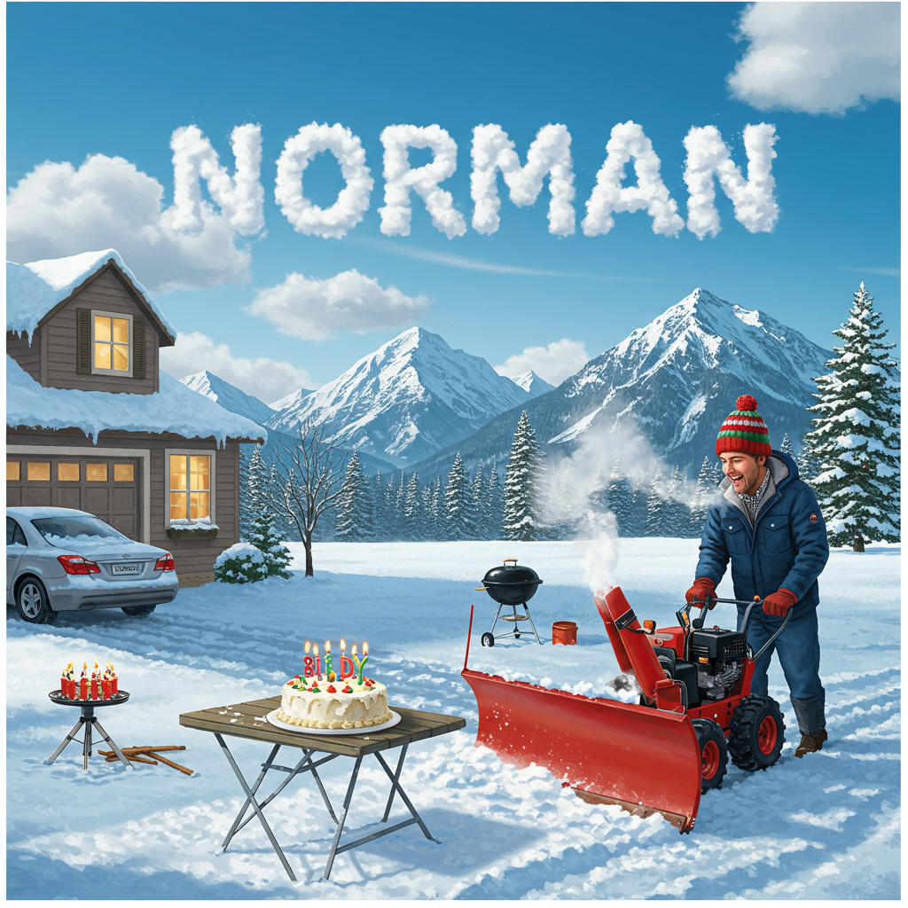 The front cover of the greeting card features a lively winter birthday scene set against a backdrop of majestic, snow-capped mountains. The sky is a brilliant azure, dotted with a few fluffy white clouds.

In the foreground, a bright red snow plow with a shiny silver blade is parked prominently on a snow-blanketed driveway. Beside it, a cheerful man wearing a thick, knitted wooly hat in a playful mix of red and green stripes is enthusiastically clearing snow with a snow blower. His puffed jacket is a deep navy blue, and his breath forms small clouds in the crisp air.

To the left, a cozy house with a snow-covered roof stands proudly, its windows twinkling with warm yellow light. A garage door is partially open, revealing the back of a silver car peeking out, lightly dusted with snow.

On the lawn, a whimsical scene unfolds: a birthday cake, whimsically topped with a miniature snow plow made of fondant, sits on a folding table. The cake is decorated in white frosting with little edible snowflakes and candles that are just being lit.

In the background, a classic charcoal-colored barbeque grill is parked on a small, cleared patch of ground, wisps of smoke curling up into the crisp air, as if someone just finished grilling.

Across the sky, "Norman" is creatively spelled out in puffy, white clouds, subtly blending with the natural cloud formation yet distinct enough to catch the eye.

The card's elements are rich in detail, from the sparkling snow to the textures of the man's wooly hat, ensuring a lifelike representation of this joyful winter birthday celebration.
Generated with these themes: Snow plow, Man, Wooly hat, Snow, House, Garage, Car, Snow blower, Birthday cake, Mountains, Barbeque, and .
Made with ❤️ by AI.