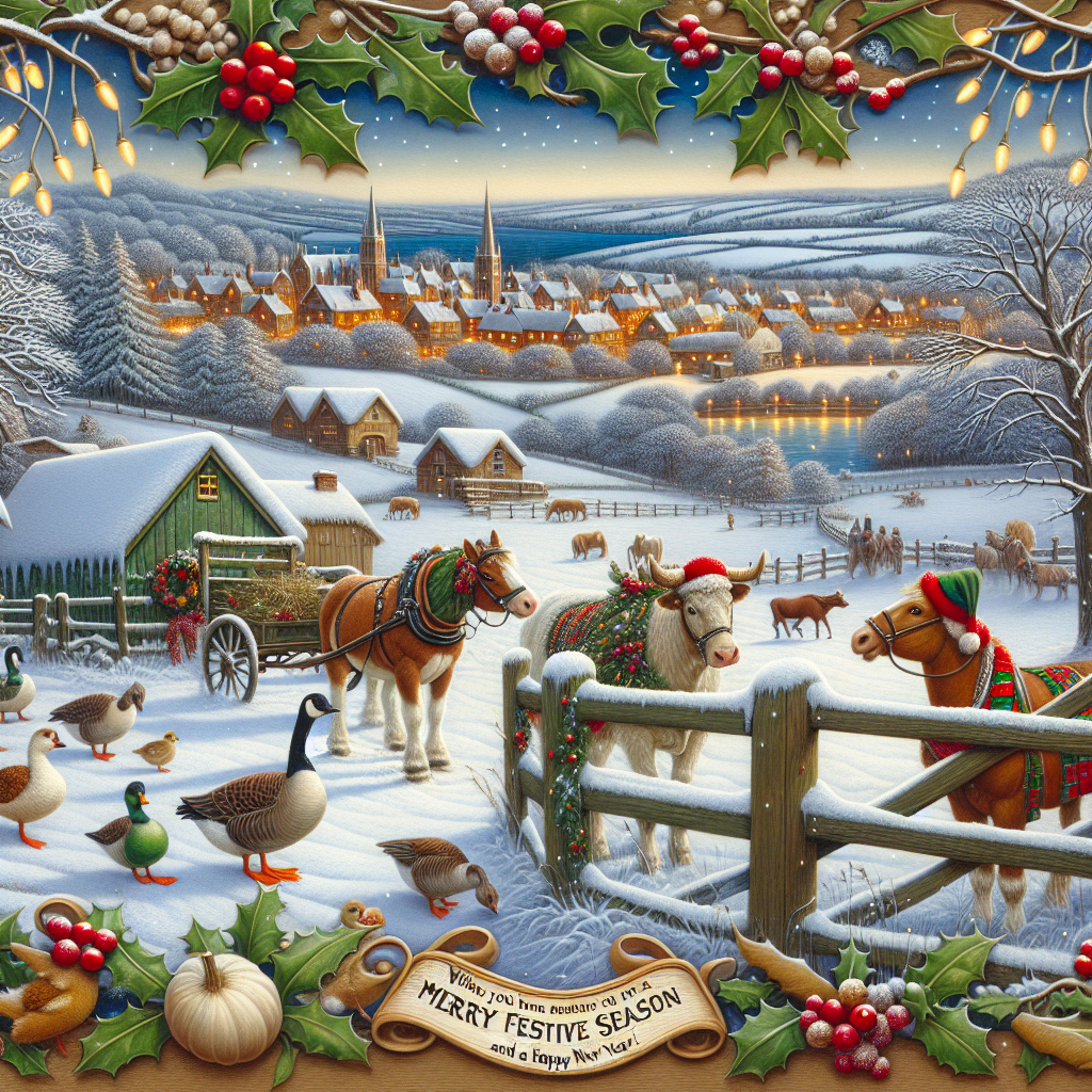 A rustic scene unfolds with a snow-covered countryside, a quaint village twinkled with festive lights in the distance, and a greenbelt that transitions smoothly into a bustling local farm, where barnyard animals don festive hats. In the foreground, a hand-crafted wooden sign reads, 'Wishing you a Merry Festive Season and a Happy New Year,' with holly berries accenting the letters.
Generated with these themes: Countryside, Greenbelt, Village, Local, and Farm.
Made with ❤️ by AI.