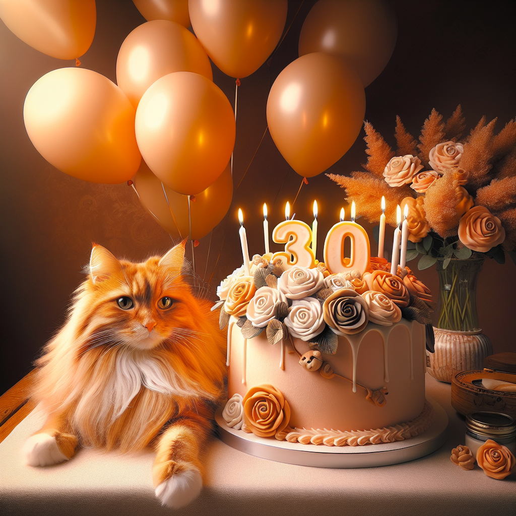 Create a cozy scene capturing the essence of warmth and comfort. The primary focus is on a ginger-colored cat with fur highlighting various shades of orange and white, sitting peacefully next to a bunch of balloons. These balloons, filled with a sense of buoyancy and delight, are marked with the number '30', signifying the celebration of a 30th birthday. At the center stage of the image, a beautifully sculpted birthday cake invites admiration. It is adorned with realistic frosting flowers and is crowned with candles yet to be lit, serving as a metaphor for thirty eventful and memorable years.
Generated with these themes: Cute ginger cat, daughter 30th birthday, balloons and cake.
Made with ❤️ by AI.