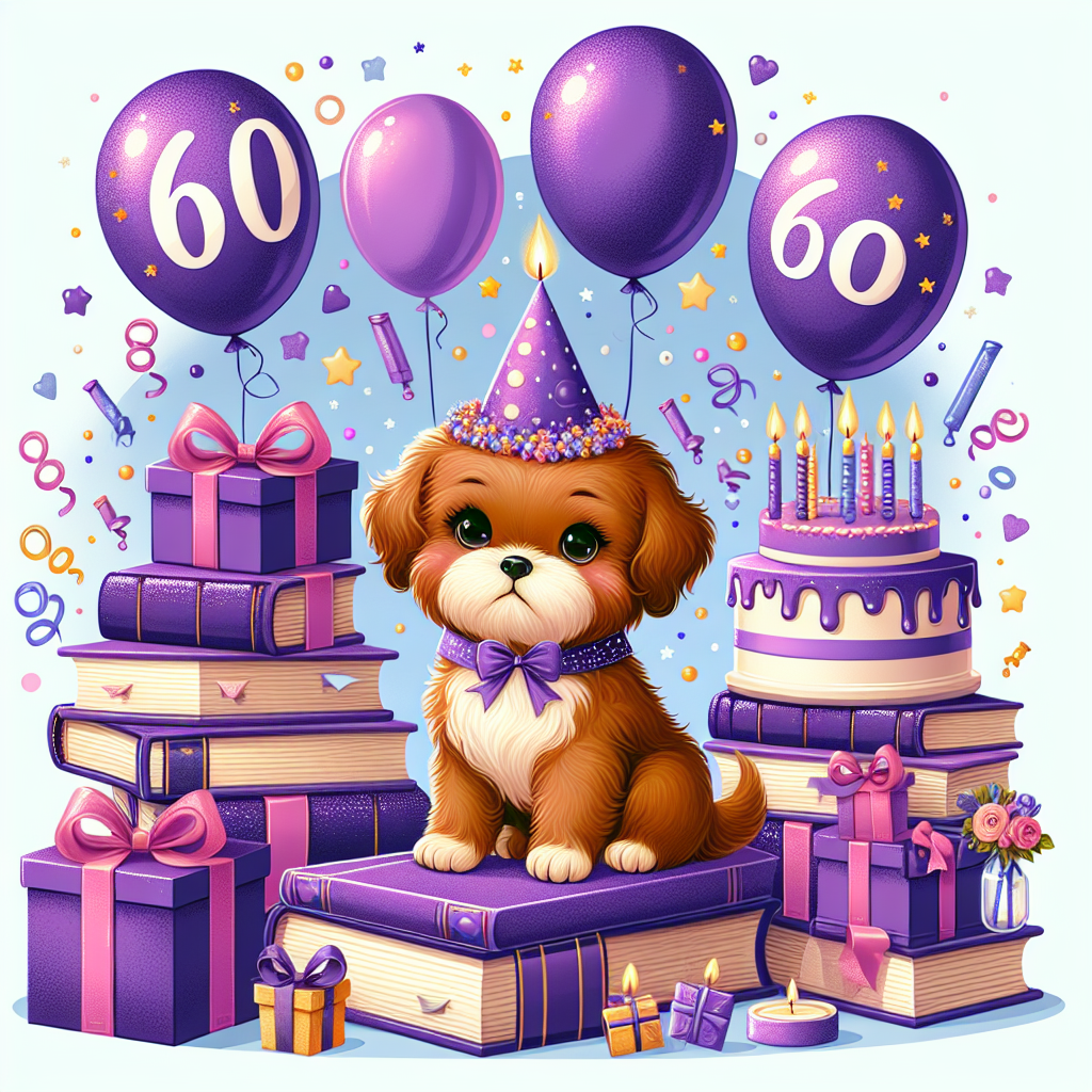 Create a bright and whimsical birthday-themed vector illustration with a dominant palette of purple hues. The design features a stack of books, each one bearing the number '60' on their spines. Lively and festive balloons and confetti fill the background. Most prominently, an adorable brown dog takes center stage. The dog wears a festive birthday hat and is surrounded by presents. Completing the festive scene is a purple birthday cake close at hand, crowned with glowingly lit candles.
Generated with these themes: Books, 60, Purple, and Brown dog.
Made with ❤️ by AI.