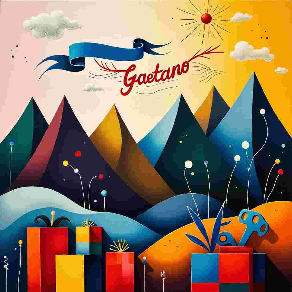 The scene is a vibrant, abstract celebration of Father's Day, set in a landscape inspired by the "panorama di montagna." The foreground features an array of geometric shapes and bold colors, reminiscent of Piet Mondrian's compositions, with rectangles and squares in primary colors: red, blue, and yellow, interspersed with striking black lines. These shapes form an abstract representation of gifts and tools, scattered across the bottom third of the card.

Above these, an abstracted mountain range rises. The mountains are composed of jagged, angular forms, painted in layers of deep greens, soft purples, and rich browns, reminiscent of Kandinsky's dynamic compositions. The peaks, however, are topped with triangular patches of snow in stark white, echoing Kazimir Malevich's Suprematist forms.

In the center of the card, suspended in the sky like a playful Miró element, is a whimsical banner. The banner is shaped like a curved line, in bold cerulean blue, dancing across the scene. Written on the banner in a swirling, abstract script, reminiscent of Cy Twombly's scribbles, is the word "Gaetano." The text appears as though it was painted in vibrant crimson red, standing out against the blue of the banner.

The background sky is a Rothko-inspired gradient, with soft layers of fading oranges, pinks, and purples, suggestive of a sunset casting its glow over the scene. Scattered throughout the sky are small, circular shapes painted in a chaotic Pollock-style, spattered dots of white and pale yellow that suggest distant stars beginning to appear.

Finally, abstract wisps of clouds in muted greys and whites sweep across the top of the card, their patterns reminiscent of the expressive brushstrokes of Willem de Kooning. They add a sense of movement, completing this vivid and dynamic representation of Father's Day without depicting the father figure directly.
Generated with these themes: panorama di montagna.
Made with ❤️ by AI.