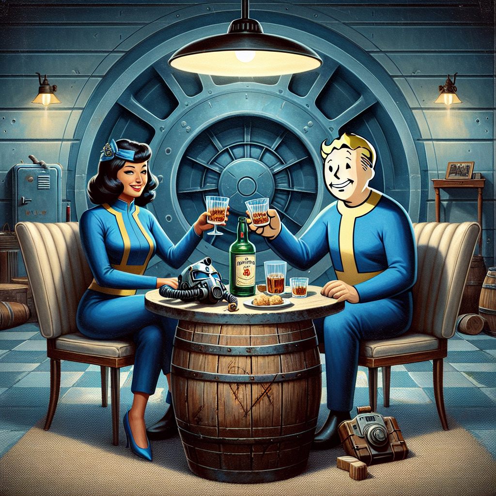 Illustrate an image that reflects the first anniversary celebration of a couple who are fans of the video game with a retro-futuristic setting. The scene takes place in a vintage, vault-style living room. The couple, both of whom are of Middle-Eastern descent, are dressed in blue vault suits, reminiscent of their favorite game. An old barrel serves as a table, upon which rest a bottle of whiskey and two glasses, indicative of their shared adventures and fondness for the game. The image should radiate warmth and affection amidst the distinct backdrop of a 1950s-era view of the future.
Generated with these themes: Fallout video game, Drinking whiskey, and 1st wedding anniversary.
Made with ❤️ by AI.