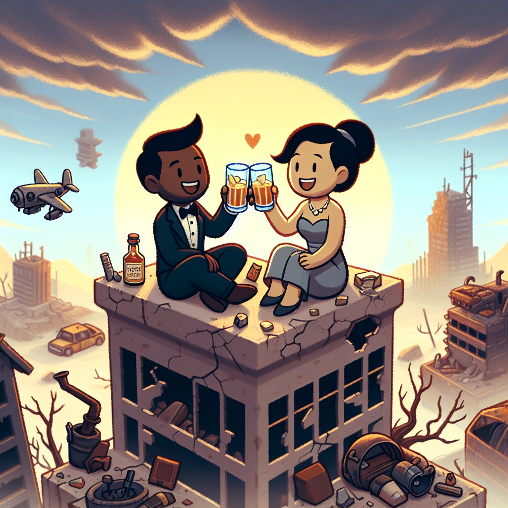 Create a whimsical cartoon scene that represents a couple's first wedding anniversary. The setting is a post-apocalyptic landscape inspired by top-down survival video games, akin to the feel of games like 'Fallout'. The couple, an Asian male and a Black female, are joyfully sitting on top of a crumbling building, toasting with glasses of whiskey. Their cheerful interaction contrasts with the bleak background, adding an unexpected layer of comfort and resilience. The sunset in the distance bathes the environment in a soothing, golden light, adding an intriguing mix of celebration and survivalist allure.
Generated with these themes: Fallout video game, Drinking whiskey, and 1st wedding anniversary.
Made with ❤️ by AI.