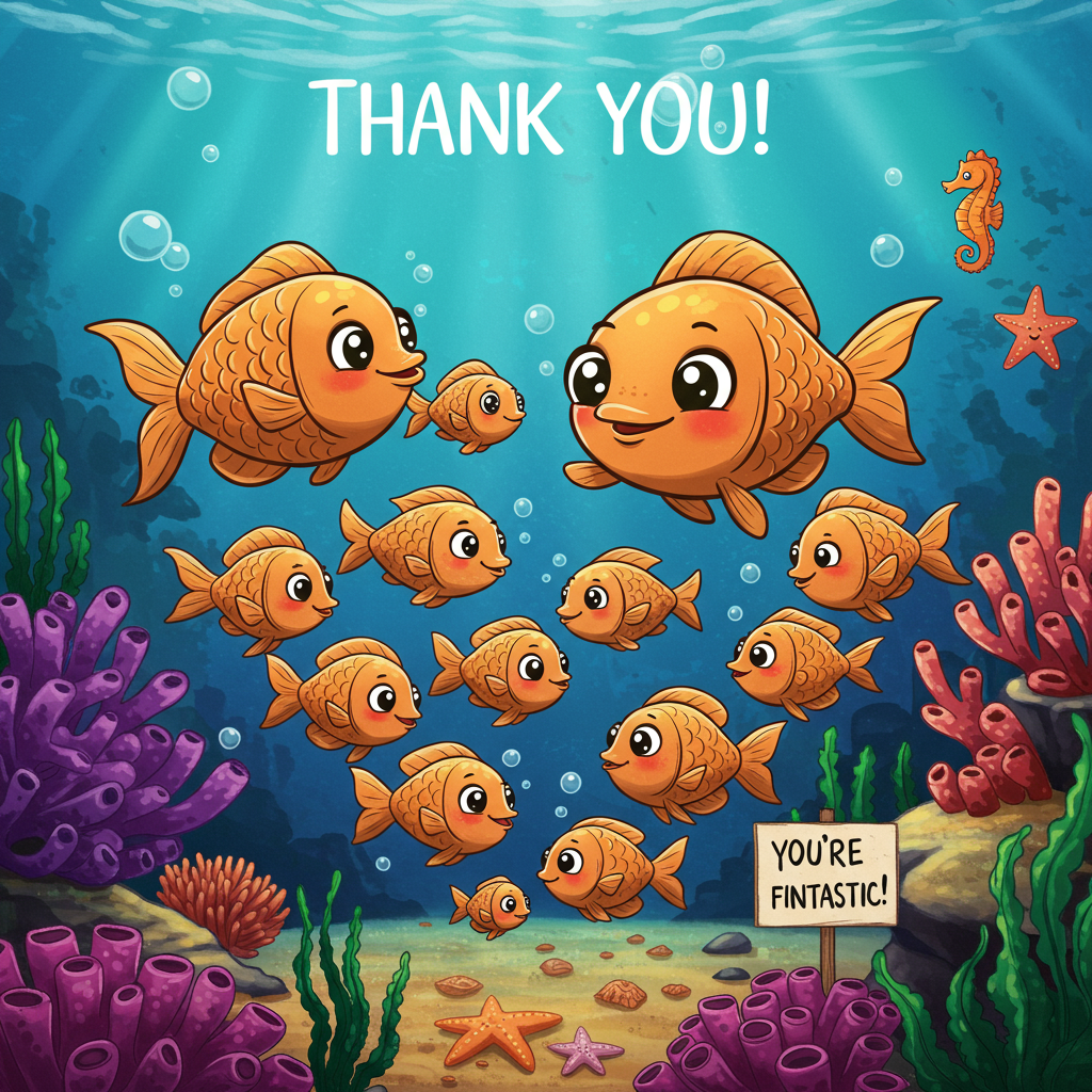 At the top of the Cartoon Style image, the text reads: "Thank You!"

**Image Description:**

Create a whimsical underwater scene featuring a group of adorable cartoon fish expressing gratitude. Imagine a vibrant, bustling coral reef setting with fish of various sizes and colors. The main focus is on a charismatic, oversized fish with big, sparkling eyes, giving a friendly, appreciative wave with its fin. Surrounding this fish, a school of smaller fish are joyously forming a heart shape with their bodies, emphasizing the feeling of gratitude. 

Each fish should have a distinct, charming personality, with exaggerated features such as plump cheeks and tiny, endearing smiles. Their scales shimmer in a rainbow of colors, reflecting the playful light filtering through the water. The scene is filled with bright, saturated hues—deep blues and purples of the ocean contrasted with the vivid oranges, yellows, and greens of the coral.

In the background, bubbles gently rise to the surface, and playful starfish and seahorses can be seen peeking out from behind coral formations. Add a whimsical touch by having a cheeky fish holding a small sign with a pun, such as "You're Fintastic!" to complement the "Thank You!" message.
Generated with these themes: Fish, and .
Made with ❤️ by AI.