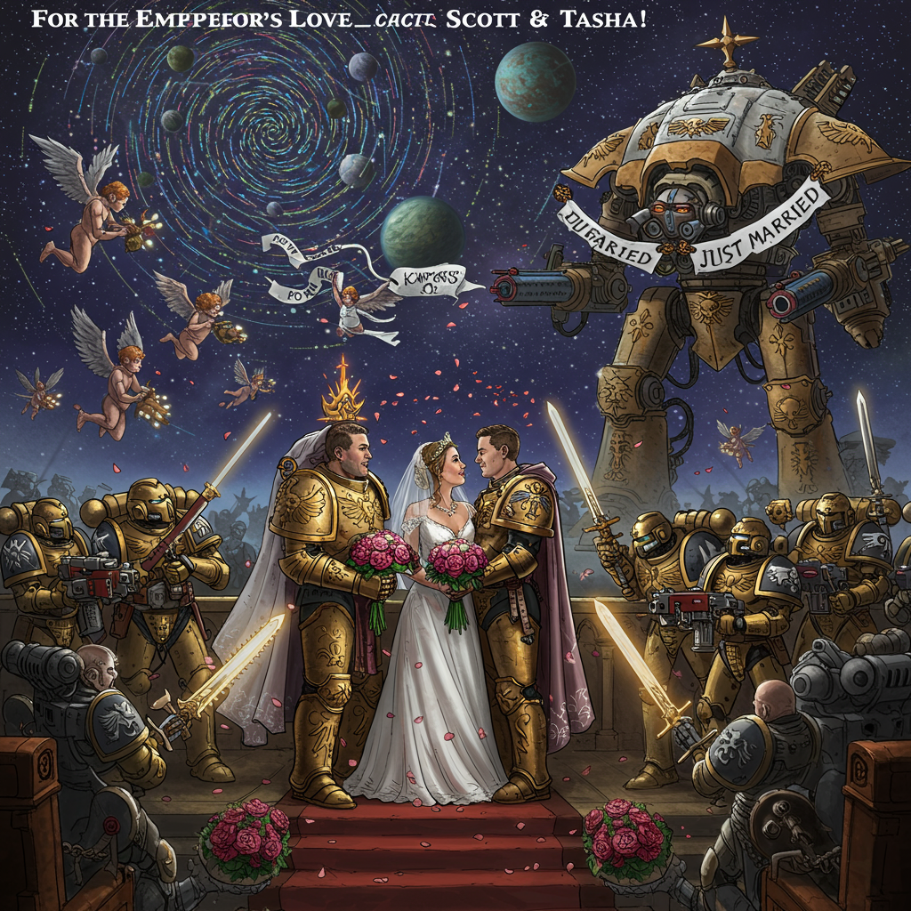 **Image Prompt:**  

At the top of the illustration image: *“For the Emperor’s Love — Congrats, Scott & Tasha!”*  

A surreal, richly detailed illustration of a Warhammer 40K-inspired wedding ceremony, set aboard a floating cathedral-ship drifting through a cosmic void. Scott & Tasha stand at the altar—dressed in baroque, golden power armor with filigree detailing, holding plasma-infused wedding rings glowing with ancient runes. A squad of flower-throwing cherub-servitors buzzes around them, showering the couple with glowing petals and mechanical confetti. The priest officiant is a robed Tech-Priest Mechanicus holding an illuminated chainsword cross.  

In the background, loyal Space Marines play ceremonial trumpets made from re-purposed lascannons while a Titan strides in the distance, draped in white lace veils and streaming “JUST MARRIED” banners from its reactor vents. Stars spiral into rose patterns across the warp-lit sky, and floating purity seals drift gently past like jellyfish.  

Mood: Surreal, majestic, tongue-in-cheek — a bizarrely romantic moment preserved in the heat of battle.
Generated with these themes: Warhammer .
Made with ❤️ by AI.