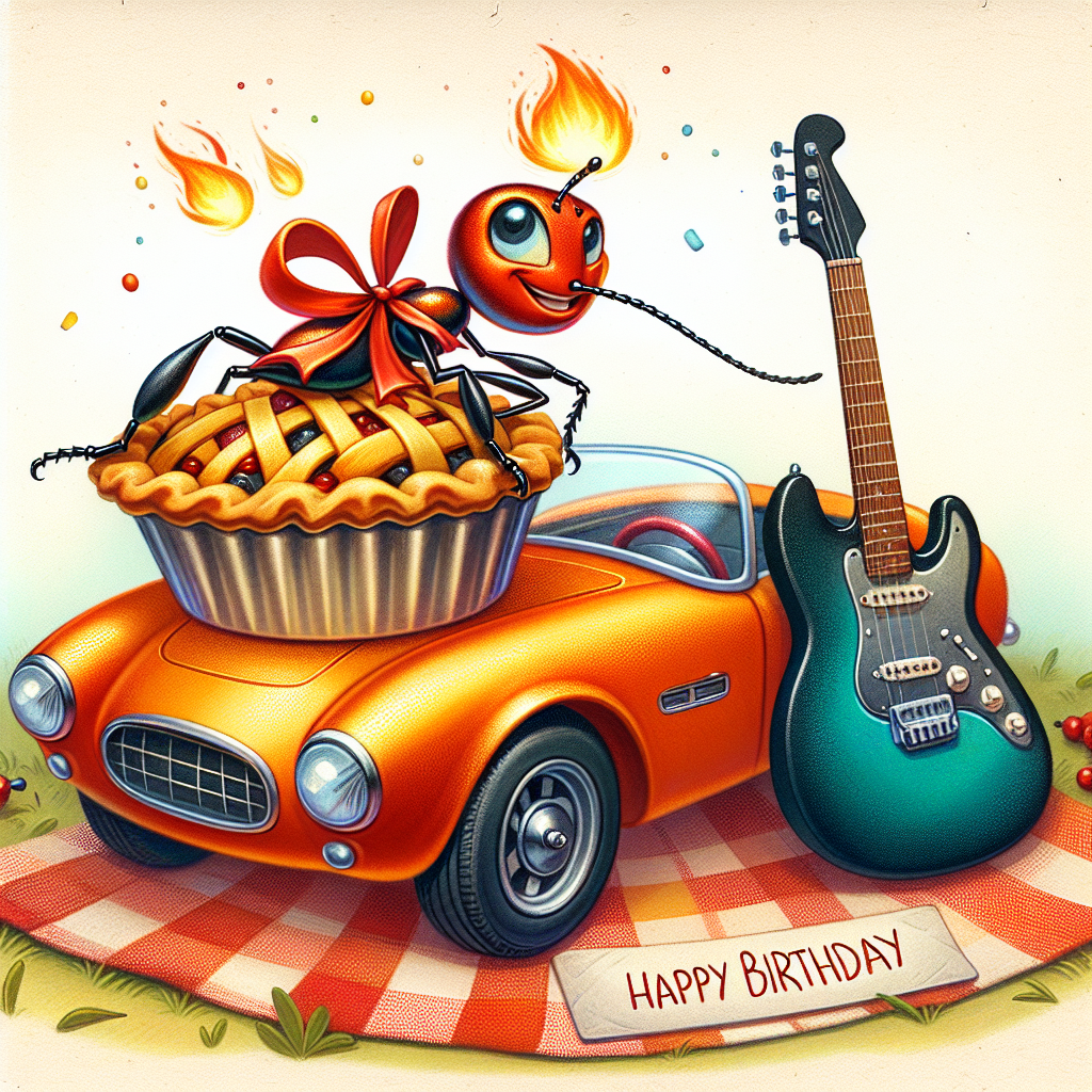 A whimsical birthday illustration showing a fiery ant figure on top of a vibrant sports car adorned with a festive bow. An electric guitar is leaning nonchalantly against the car, its strings twinkling in anticipation of a celebratory tune. In the background, a delightful savory pie is sitting on a picnic blanket, adding a tinge of savory delight to the sweet occasion.
Generated with these themes: The prodigy, Peugeot 205 gti, Electric guitar, and Pork pie.
Made with ❤️ by AI.