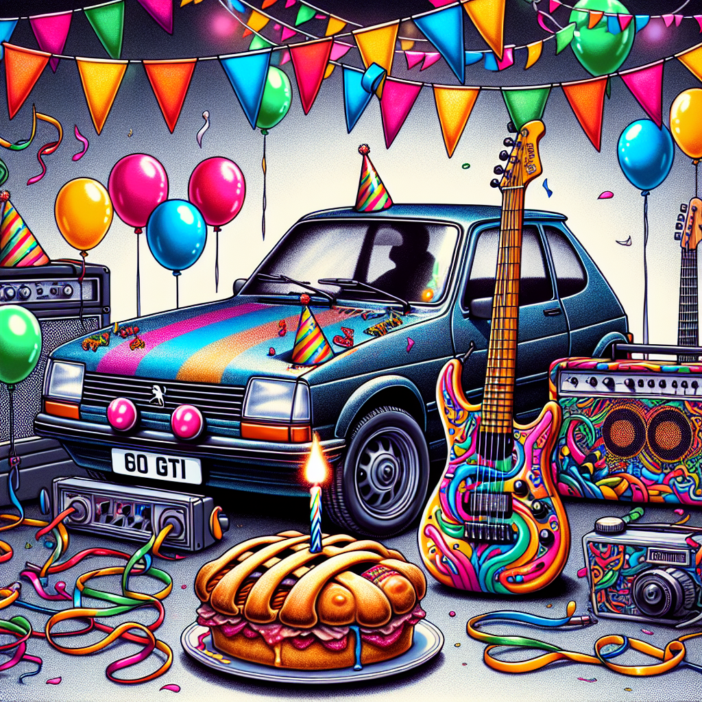 The illustration portrays a festive celebration for a birthday, inferring an electronic music theme through the depiction of vibrant, multicolored musical notes permeating the surroundings. A vintage car, specifically a classic Peugeot 205 GTI, embellished with vibrant party streamers, resides grandly in the middle of the setting. An electric guitar painted with bright patterns resides nearby, taking the spotlight. A traditional pork pie dons a birthday candle, introducing an element of time-honored custom amidst the contemporary, music-infused atmosphere.
Generated with these themes: The prodigy, Peugeot 205 gti, Electric guitar, and Pork pie.
Made with ❤️ by AI.