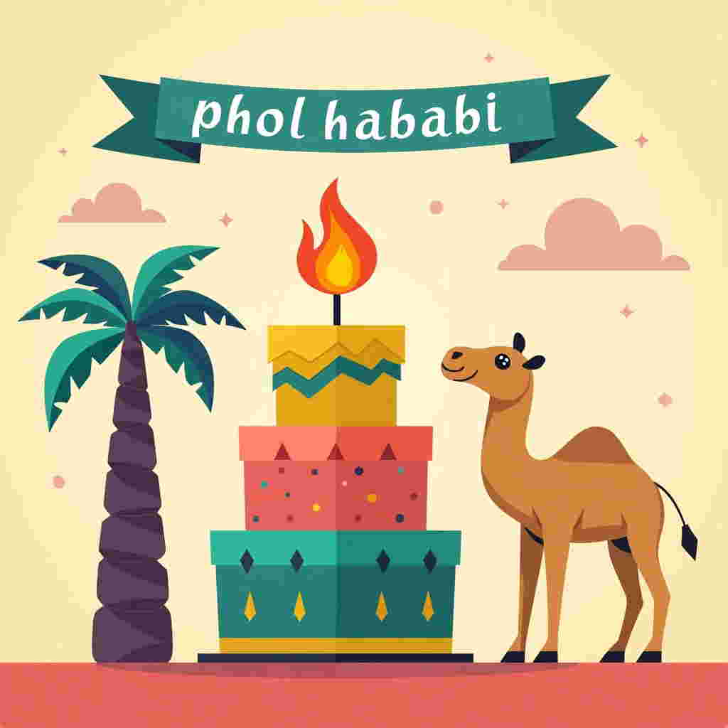 Create a vibrant birthday scene filled with colorful, flat, and crisp vector shapes. The central focus is a large, stylized birthday cake with three towering layers. Each layer is a bold color: the bottom is deep teal, the middle is a bright coral, and the top is a vivid mustard yellow. The cake is adorned with geometric patterns in contrasting colors, such as zigzags and polka dots.

On top of the cake, place a large, animated flame that dances playfully. The flame should have a gradient of warm colors, transitioning from orange at the base to a bright yellow at the tips.

To the left of the cake, a tall, abstracted palm tree with flat, wide leaves in shades of emerald and lime stands proudly. Its trunk is composed of geometric segments that create an interesting visual rhythm.

On the right side of the scene, position a plump camel with a simplified, smooth outline. The camel is a sandy beige color, with small triangular accents of purple and blue across its body. Its expression is friendly and relaxed.

Above the scene, a vibrant banner stretches across the top. The banner is a deep royal blue with angular cut edges, and in bold, white sans-serif typeface, the words "phol habibi" are prominently displayed.

The background is a warm gradient of soft peach to pale pink, providing a clean and modern contrast to the bold colors of the foreground elements. Scattered throughout the sky are small, stylized clouds in a subtle ivory hue, adding an extra layer of depth to the composition.

Ensure that all lines are crisp and clean, with no gradients or shading within the shapes themselves, embodying a true flat design style.
Generated with these themes: habibi.
Made with ❤️ by AI.