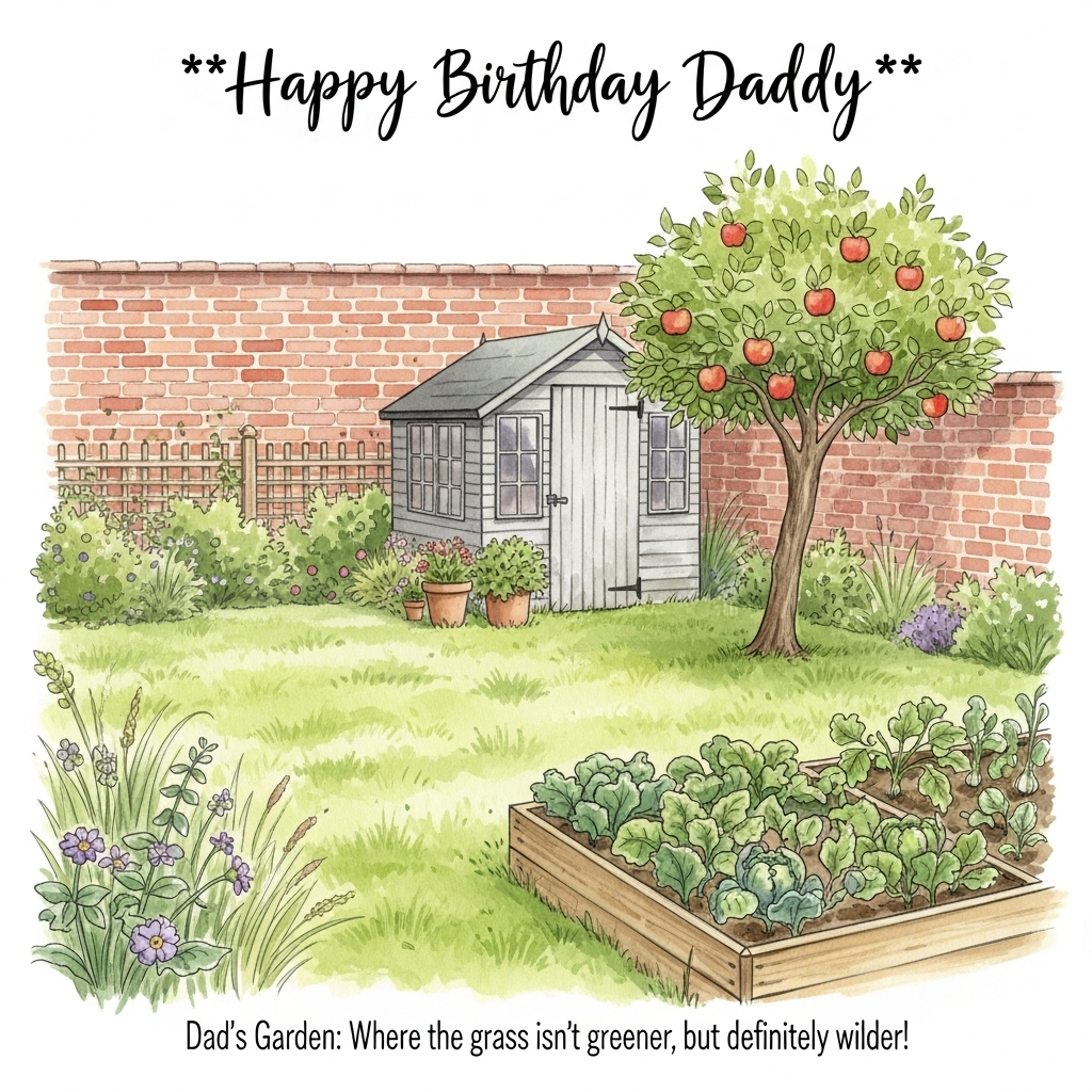At the top of the Watercolor Style image, elegantly written: **Happy Birthday Daddy**.

Imagine a whimsical, light-hearted watercolor scene with a small, charming garden shed nestled in the background, its roof slightly askew, as if it’s shrugging off the weight of time. The large, lush lawn stretches out playfully, dotted with patches of wild grass that seem to wave and giggle in the gentle breeze. An apple tree, laden with plump, cheeky apples that almost look like they’re sharing a secret joke, stands proudly beside the shed. In the foreground, a raised bed vegetable patch overflows with vibrant, slightly exaggerated veggies, hinting at an overenthusiastic gardener's touch. All this set against an old red brick wall, textured and wise, providing a warm, rustic backdrop. In the bottom corner, a quirky little caption: “Dad’s Garden: Where the grass isn’t greener, but definitely wilder!”
Generated with these themes: , and .
Made with ❤️ by AI.