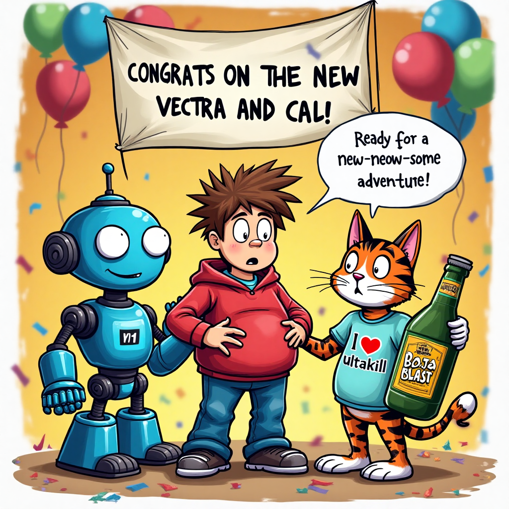 At the top of the Cartoon Style image, include the text: **CONGRATS ON THE NEW BABY VECTRA AND CALI**

Image Description: In a whimsical, colorful cartoon scene, a blue robot named “v1” is cheerfully holding a celebratory banner. Beside v1, a man with spiky brown hair and a red sweater is humorously depicted as being pregnant, clutching his belly with a surprised expression. Standing next to him is a humanoid calico cat wearing a quirky shirt that says “I love ultrakill,” looking proud and amused. The cat holds a festive, oversized bottle of Baja Blast as if it’s a special potion for this unique celebration. The background is a vibrant, fun mix of balloons and confetti, creating a lively atmosphere. Include a small, cheeky speech bubble from the cat, saying: "Ready for a meow-some adventure!"
Generated with these themes: A blue robot named “v1”, A man with a red sweater and spiky brown hair, he is pregnant, A humanoid calico cat with a shirt that says “i love ultrakill”, A bottle of baja blast, and .
Made with ❤️ by AI.