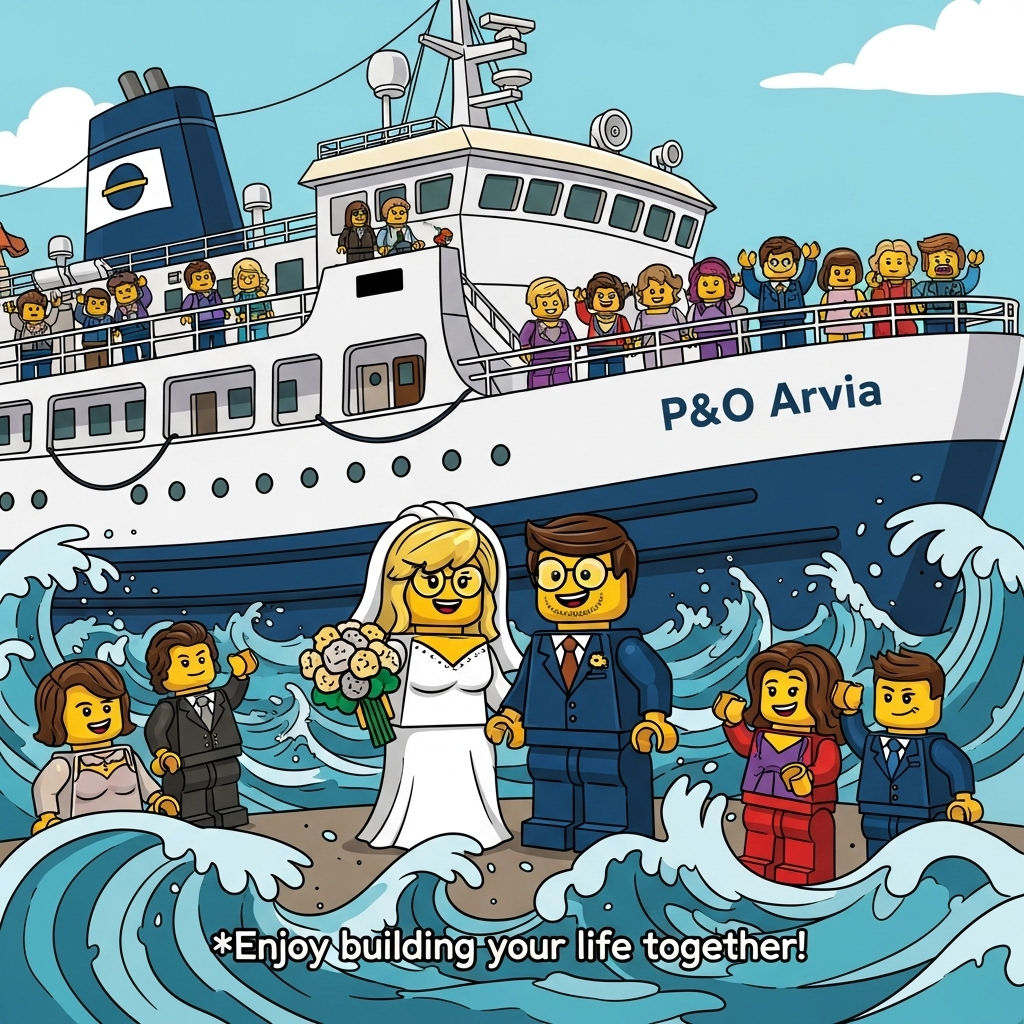 Wedding on a ship the bride has blond hair and glasses and the groom has glasses. They are made of lego, the ship is white and has P&O Arvia written on it., and Wedding Card