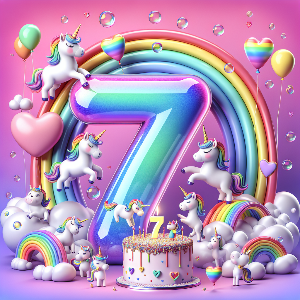 Create a vibrant image showcasing a glossy, bubble formatted number '7' at the center. Surround this with playful unicorns prancing under colorful rainbow arcs. In the environment, add cheerful balloons floating upwards, with some of them being heart-shaped and present in a variety of bright colors. In the foreground, place a whimsical birthday cake embellished with colorful icing and topped with a tiny unicorn. The entire scene should be a lively celebration, symbolizing the joy and wonder of a seventh birthday.
Generated with these themes: 7, Unicorn, Rainbows, Balloons, Hearts, Birthday cake, and Bright colours .
Made with ❤️ by AI.