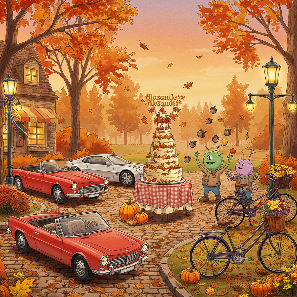 The scene unfolds in a quaint, enchanting autumnal landscape, with leaves in shades of amber, crimson, and gold cascading from the trees, fluttering in the crisp breeze. The foreground features a rustic cobblestone street, winding its way through the frame, setting the stage for the celebration.

To the left, a bright red classic convertible car with gleaming chrome finishes catches the light, its open top adorned with colorful ribbons that dance with the wind. Beside it, a sleek silver sports car with futuristic contours and metallic shine stands proudly, parked near a quaint little bakery.

To the right, two vintage bicycles with woven wicker baskets rest against a streetlamp, one with a basket overflowing with pumpkins, acorns, and golden leaves. The other bicycle bears a basket with a bouquet of wildflowers in deep purples and oranges, harmonizing with the autumn theme.

At the center of this lively scene, a whimsical table with a checkered tablecloth supports a towering, extravagant cake. The cake is iced in cream with delicate sugar leaves cascading down its sides. At the top, perched next to a tiny rocket figurine, is a sign that reads "Alexander" in bold, festive letters crafted from golden fondant.

Behind the table, two comical aliens are caught mid-celebration. One has a green, bulbous head with three eyes and is playfully balancing a stack of acorns, while the other, with a lavender hue and tentacle-like arms, is playfully juggling mini pumpkins. Both are dressed in outfits reminiscent of early 20th-century explorers, complete with tiny goggles and scarves fluttering behind them.

The background reveals a soft watercolor sky in dusky purples and oranges, echoing the colors of twilight, while whimsical clouds form abstract shapes above, hinting at a fantastical world beyond. Tall, slender trees with twisted branches and falling leaves frame the scene, their bark detailed with intricate textures inspired by Arthur Rackham.

Overall, the illustration is lively, detailed, and brimming with autumnal charm, capturing the playful imagination akin to the works of Quentin Blake and the enchanting storytelling found in Maxfield Parrish's scenes.
Generated with these themes: Autumn, Fout Nice Cars, Bicycle, and Two Aliens.
Made with ❤️ by AI.