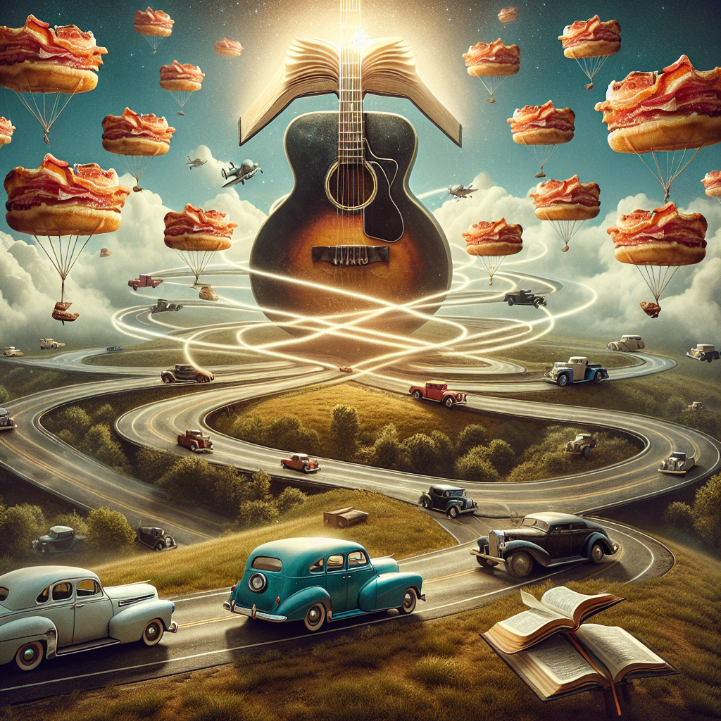 Visualize a dreamy landscape celebrating a distinct birthday. The vista is dominated by a magnificent guitar, its strings evolving into highways for classic cars levitating and circulating mid-air. These vehicles revolve around a gigantic, glowing Bible, symbolizing enlightenment and guidance. Each car tows bacon rolls that float in the atmosphere, tethered to the automobiles like balloons. This unique blend of spirituality, nostalgia, and indulgence forms a surreal birthday image that is both intriguing and unusual.
Generated with these themes: Bible, Cars, Bacon roll, and Guitar.
Made with ❤️ by AI.