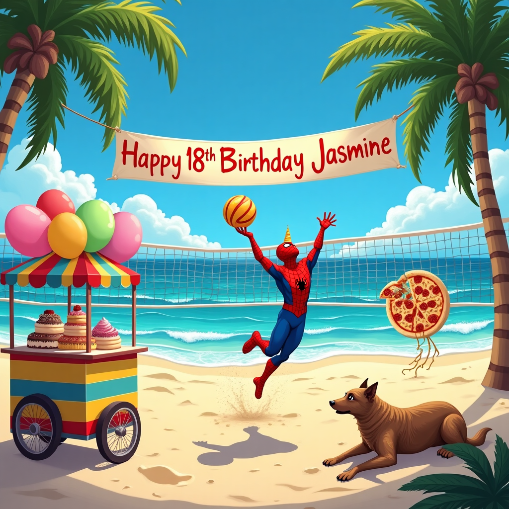 The scene is a vibrant and bustling beach volleyball game that celebrates Jasmine's 18th birthday. On the sandy court, Spiderman is leaping into the air, performing an impressive spike over the net. He wears his classic red and blue suit, but with a party hat perched jauntily on his head. The volleyball is uniquely themed as a giant pizza, with pepperoni and cheese design that looks almost good enough to eat. Nearby, a cheerful Klee Kai dog, with its striking wolf-like appearance, is playfully digging in the sand, its paws throwing sand into the air.

In the foreground, a colorful ice cream cart stands, festooned with balloons in the shape of the number "18," each balloon a different pastel color. The cart offers an array of tempting flavors, with scoops piled high and sprinkles scattered around. Above this joyous scene, a sky banner flutters gently in the breeze, spelling out "Happy 18th Birthday Jasmine" in bold, colorful letters, the text designed to mimic the swirling patterns of the waves behind it. In the background, the ocean glistens under a sunlit sky, the water painted with strokes of azure and white foam. The entire scene is framed by palm trees swaying gently, their leaves providing a natural canopy over this playful, birthday beach bonanza.
Generated with these themes: 18th Birthday, Volleyball, Pizza, Spiderman, Ice Cream, and Klee Kai.
Made with ❤️ by AI.