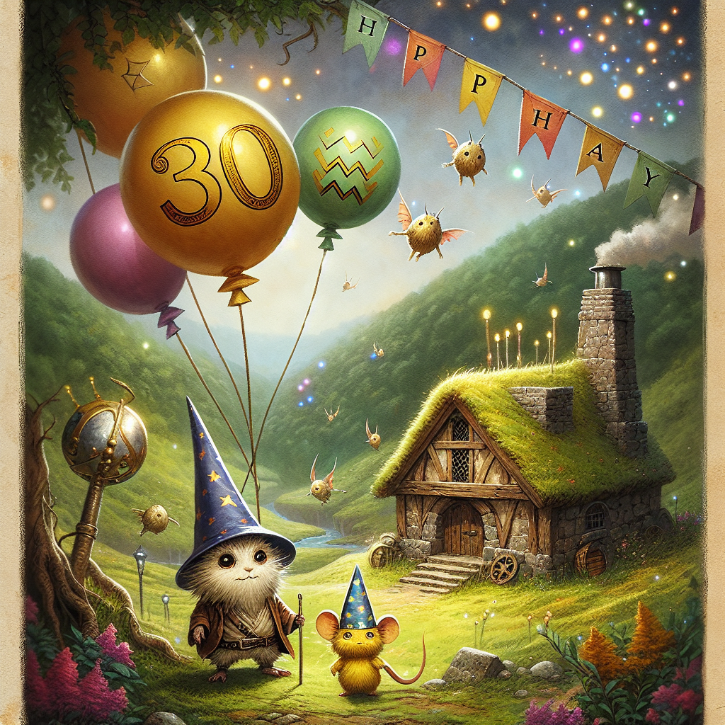 A fanciful birthday image portrays a cozy underground dwelling nestled in a verdant countryside with balloons shaped like the number '30' floating overhead. A small courageous humanoid creature from fantasy literature and a yellow rodent-like creature wear wizardly hats. A zigzag-shaped symbol embellishes a banner. Tiny metallic ball-like objects with wings sprinkle in the sky like shimmering stars, enhancing the mythical crossover theme.
Generated with these themes: Lord of the rings, 30th, Pokemon , and Harry Potter .
Made with ❤️ by AI.