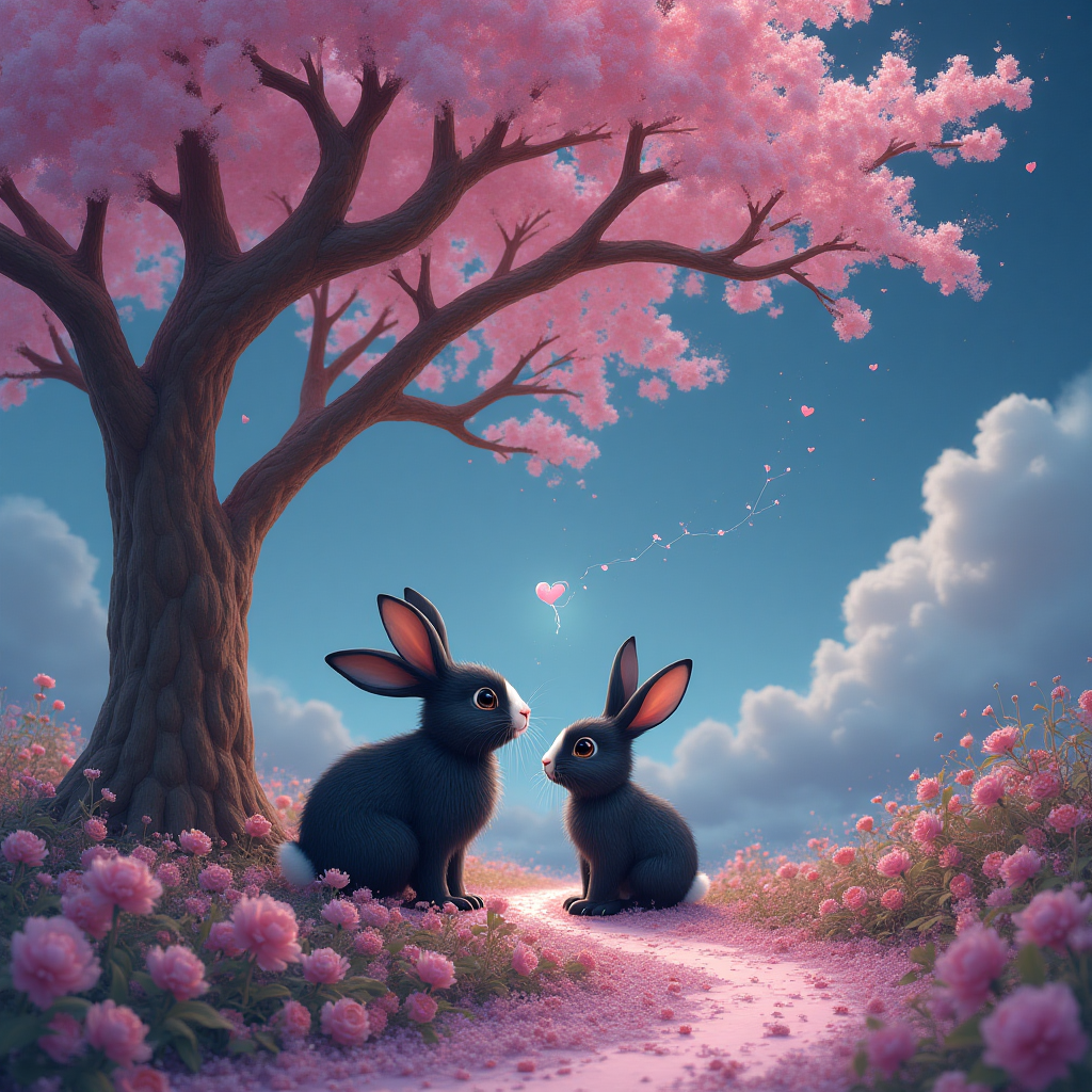 Cherry tree, Black rabbit with white nose, Black lop rabbit, Sweets, Heart, Ziggy stardust, and Birthday Card