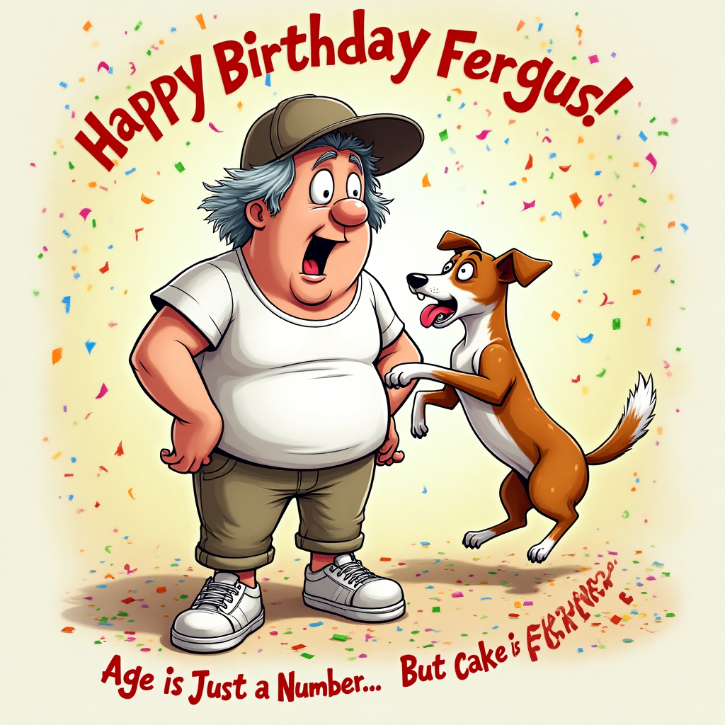 Man 6ft black grey hair khaki combats  adidas runners white T-shirt baseball hat, Tan and white Jack Russell pointed ears, and Birthday Card