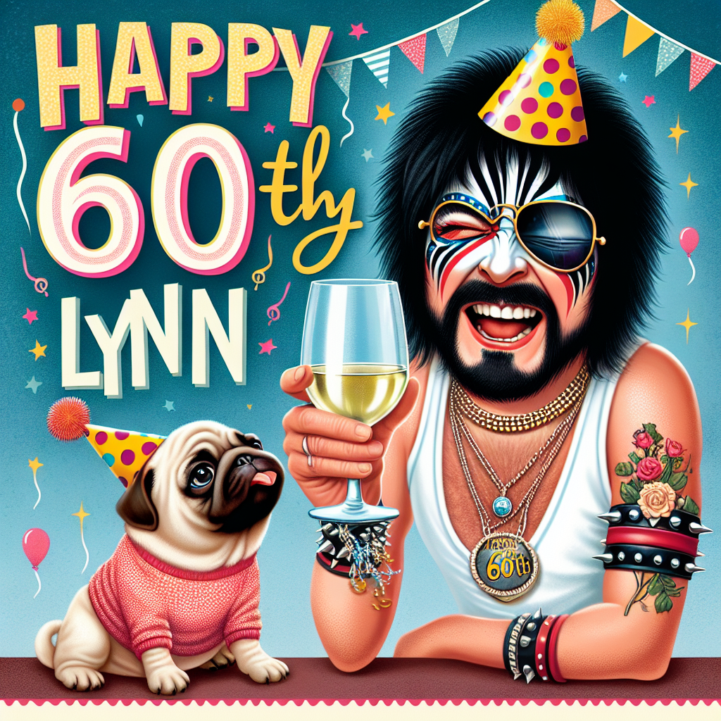 In this amusing birthday graphic, a special 60th celebration is represented by an endearing scene. An animated rockstar with iconic face paint and stylish hair, winks playfully while toasting a glass of white wine with the viewer. A chubby pug, wearing a miniature party hat, sits at the musician's feet, looking up with affection. The background is teeming with vibrant birthday motifs, and 'Happy 60th Lynn' is illustrated above in a funky font style.
Generated with these themes: David Bowie , Glass of white wine , Pug , 60th Birthday , and Lynn .
Made with ❤️ by AI.