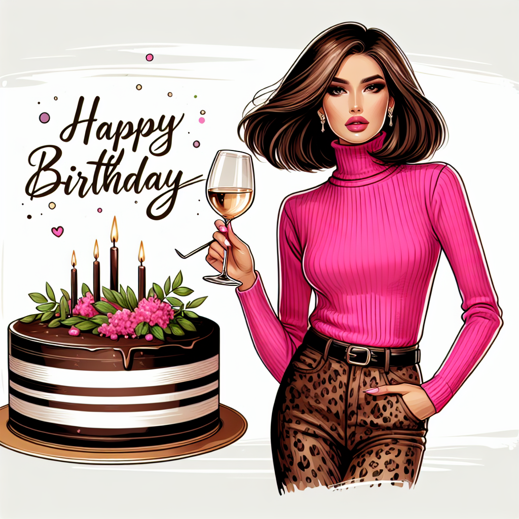 Create an illustration of a birthday celebration featuring an elegant Caucasian woman with shoulder-length brown hair. She is dressed fashionably in a bright pink turtleneck jumper and sophisticated leopard print jeans. With a glass of white wine in her hand, she emits a celebratory vibe. A tempting chocolate birthday cake sits prominently in the foreground, ready to initiate the party.
Generated with these themes: Lady with brown shoulder length hair, Leopard print jeans , Pink roll neck jumper, Glass of white wine , and Chocolate birthday cake.
Made with ❤️ by AI.