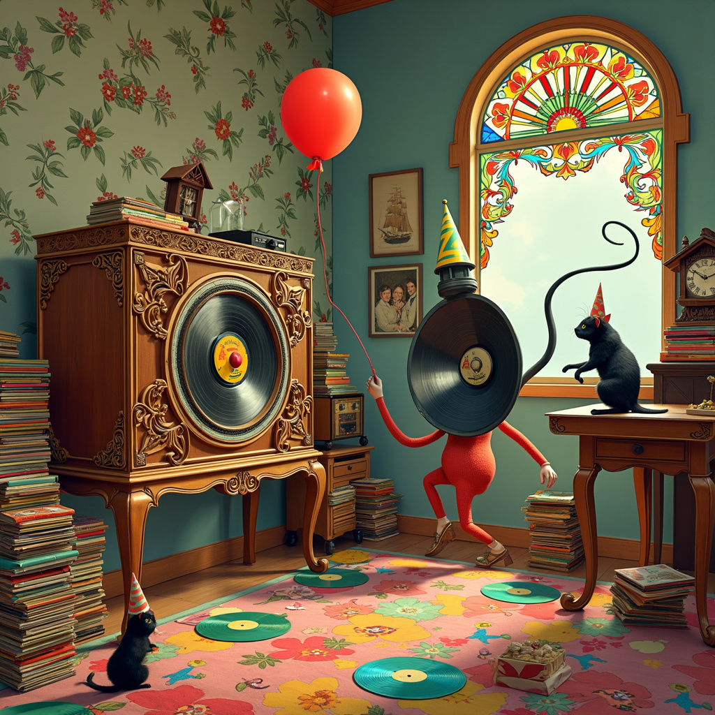 Sure! Picture a vibrant birthday bash set in a whimsical, slightly fantastical 1960s living room. The room is brimming with quirky, nostalgic details. 

A huge, vintage hi-fi stereo system dominates the left side of the scene, its wooden panels adorned with intricate, swirling carvings reminiscent of Aubrey Beardsley's elaborate designs. Stacks of colorful vinyl records are piled haphazardly around it, their covers featuring everything from psychedelic patterns to humorous caricatures, evoking the illustrative style of Edward Gorey and Quentin Blake. 

Front and center, a pair of anthropomorphic loudspeakers, inspired by Maurice Sendak's lovable characters, dance and sway on stubby legs, their speaker grilles adorned with googly eyes and grinning mouths. One speaker holds a balloon with its wire, while the other clutches a slice of cake precariously balanced on its top. 

The room itself is alive with detail—flowery wallpaper reminiscent of Beatrix Potter’s lush illustrations lines the walls, and a Maxfield Parrish-inspired stained-glass window casts colorful, jewel-toned light across the scene. 

In the background, an N.C. Wyeth-style painting of a ship at sea hangs above an ornate, claw-footed coffee table laden with birthday cards and a record player spinning an old jazz LP. A Norman Rockwell-inspired scene of a family photograph sits on a side table, while a quirky cuckoo clock shaped like a guitar, in a nod to Arthur Rackham’s imaginative designs, ticks away above the hi-fi system.

The floor is cluttered with various small elements: an Edward Gorey-esque black cat with a comically long tail batting at a stray record, a few spilt drinks, and a small, Beatrix Potter-inspired mouse peeking out from behind a speaker, wearing a tiny birthday hat. 

Every element in the scene tells a story, each detail interwoven to create a humorous, nostalgic, and richly detailed birthday celebration that's as much a feast for the eyes as it is a tribute to the beloved styles of these legendary artists.
Generated with these themes: Hi fi, Records, and Loudspeakers.
Made with ❤️ by AI.