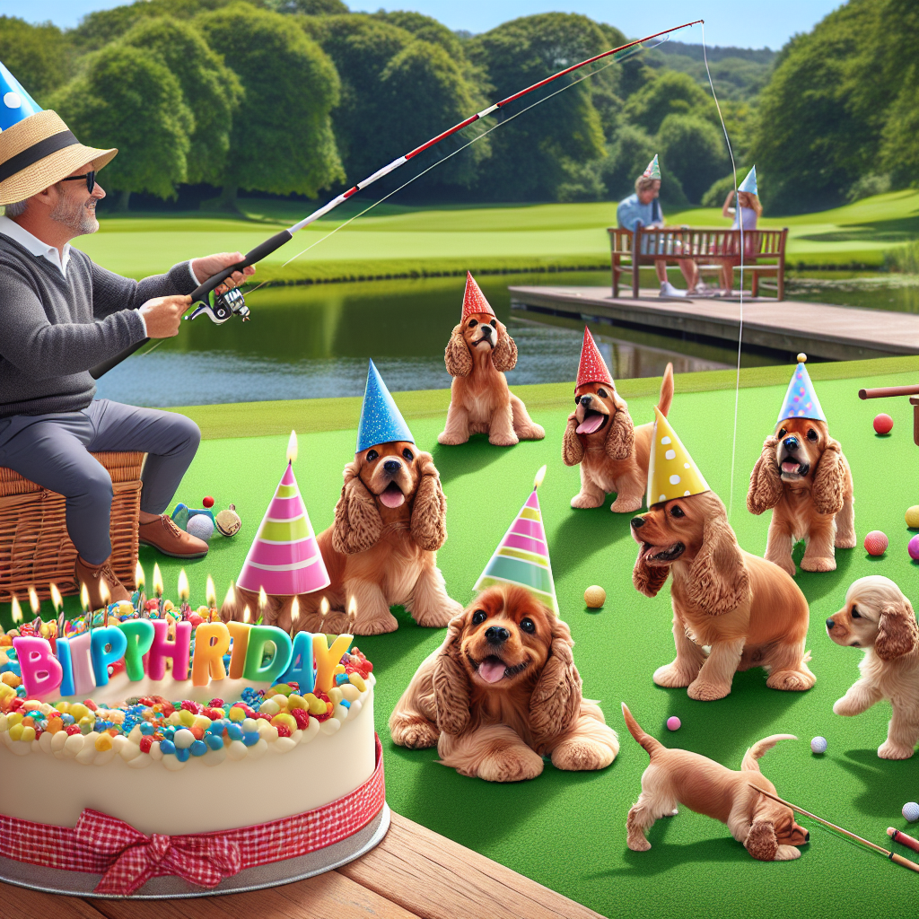 Create a heart-melting birthday scene set at a festive picnic on a golf green. Add in an idyllic fishing pond in the backdrop with a character, irrespective of gender and of a randomized descent, joyously casting a fishing rod. Several adorable Cocker Spaniels are involved in the scene, wearing party hats and playfully romping around. One of them is even found sniffing a beautifully decorated birthday cake, signifying the day's joyful celebrations.
Generated with these themes: Golf, Fishing, and Cocker spaniels .
Made with ❤️ by AI.