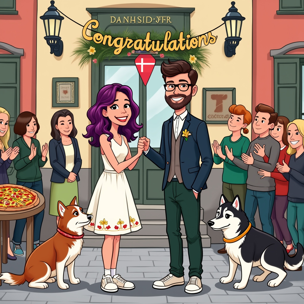 The scene is set on the charming streets of Copenhagen, right outside a quaint registery office adorned with a Danish flag fluttering gently in the breeze. The focal point is an adorable cartoon wedding ceremony taking place on the steps of the office. 

The groom, a dark-haired man with glasses, is beaming with joy. He is wearing dark green trousers and a dark blue jacket. His attire is crisp, but there's a whimsical touch as his jacket pocket features a tiny pizza slice embroidered in bright colors. He is holding the hand of the bride, a lively woman with vibrant purple hair, styled in playful waves. She is dressed in a knee-length white dress, complemented by white trainers that add a casual yet charming twist. Her dress has delicate daffodils embroidered along the hem, giving it a touch of springtime freshness.

Flanking the happy couple are their two malamutes: a brown and white female and a black and white female. The brown and white malamute has a cute daffodil tucked behind her ear, while the black and white malamute has a small, playful bandana patterned with tiny Danish flags around her neck.

In the background, you can see a festive table set up with a delicious-looking pizza topped with an array of colorful ingredients, hinting at the couple's love for the classic treat. Next to the pizza are a few board games neatly stacked, with a Monopoly board prominently displayed, suggesting that the couple enjoys playful competition. 

A crowd of cartoon guests, with exaggeratedly expressive faces reminiscent of Charles Schulz’s Peanuts characters, stand around clapping and cheering. Some guests are holding mini Danish flags, adding to the celebratory atmosphere. 

Above the entire scene, a whimsical banner strung between two ornate street lamps reads "Congratulations" in bright, cheerful letters, with small daffodils and Danish flags interspersed between the letters. This festive banner is reminiscent of the detailed backgrounds found in Hergé’s Tintin comics, adding a touch of bustling city life to the scene.

The cobblestone street, the vibrant colors, and the mix of quirky details capture the unique love story of the bride and groom, with the iconic elements of Copenhagen serving as a picturesque backdrop.
Generated with these themes: Brown and white female malamute, Black and white female malamute , Dark haired groom with glasses, wearing dark green trousers and dark blue jacketb, Purple haired bride wearing knee length white dress and white trainers , Copenhagen , Registery office wedding , Pizza , Board games , Danish flag , and Daffodils .
Made with ❤️ by AI.