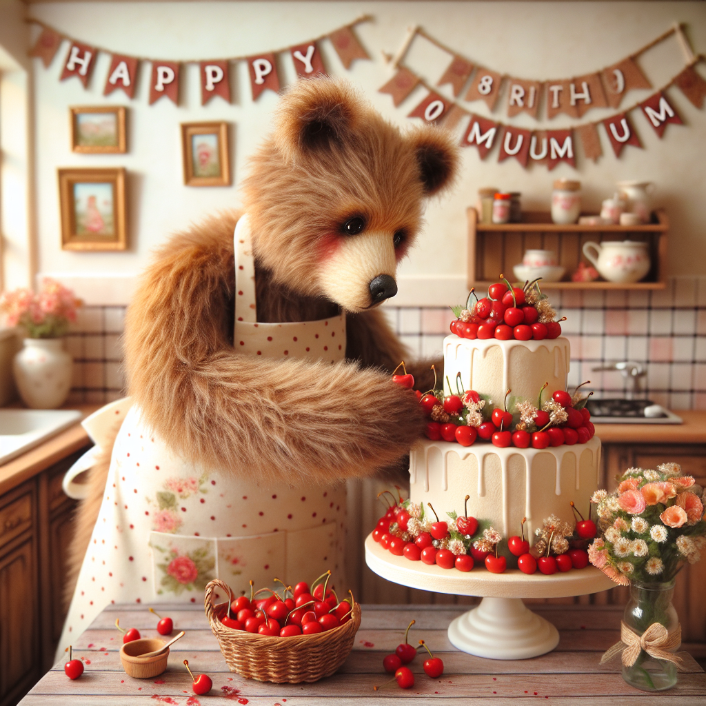 A charming illustration depicts a cozy kitchen scene where a grandmother bear, in a polka-dot apron, is putting the final touches on a three-tier birthday cake. The cake is garnished with an abundance of ripe red cherries. On the wall behind her, a handmade banner reads 'Happy 80th Mum', complementing the warmth and love evident in the bear family’s celebration.
Generated with these themes: Cherries.
Made with ❤️ by AI.