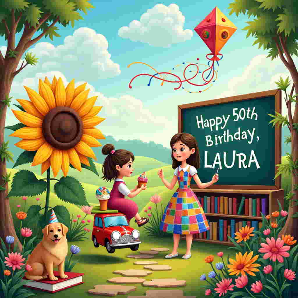 In the center of the card, a whimsical and vibrant scene unfolds like a living storybook page. Under a sky awash with swirling pastel clouds, spelling out "Happy 50th Birthday, Laura" in a whimsical font, a vibrant landscape is painted with magical realism. The setting is an enchanting open-air classroom nestled within a blooming garden. Standing confidently at the chalkboard, which is actually a towering sunflower with its petals forming a radiant sunburst, is Laura, the older sister and primary teacher, adorned in a dazzling patchwork dress that mimics a rainbow. Her hair is tied up with a string of daisies, accentuating her lively personality. 

To her right, Jamie, a dapper 24-year-old, sits cross-legged on a floating book, holding a miniature model of a classic mini car, which is playfully sprouting colorful balloons. To the left, Charlotte, at 17, stands on a whimsical stepping stone path, wearing a bright scarf that dances in the wind as she hands Laura a giant cupcake with icing spelling out "Laura." Beside Charlotte, Brian, a charming blonde dog with a bemused expression, balances a party hat on his head and is playfully tangled in a stream of colorful streamers. 

In the background, a quaint row of bookshelves arches over a picturesque field, each book spine illustrated with elements of Laura's journey and passion for teaching. A kite shaped like a giant paintbrush soars through the sky, trailing vibrant streaks of color that gently blend into the hues of the horizon. The entire scene is bordered with vines and whimsical illustrations of pens, pencils, and musical notes, paying homage to Laura's creative spirit. This delightful tableau is an ode to Laura's 50th, capturing her zest for life and her cherished role as both sister and educator.
Generated with these themes: Older sister, Primary teacher, 2 children, Jamie (24) and Charlotte(17), Drives a mini, 50th Birthday, Bright clothes, and Dog called Brian, blonde.
Made with ❤️ by AI.