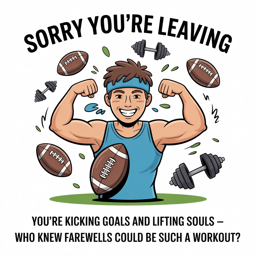 At the top of the image, "Sorry you're leaving":

   At the bottom of the image, "You're kicking goals and lifting souls – who knew farewells could be such a workout?"

- In the center of the image, illustrate a lively cartoon scene featuring a fitness-enthusiast character with a football under one arm, flexing their muscles exaggeratedly with the other arm. They are sporting a cheeky grin and a sweatband, surrounded by cartoonish footballs and dumbbells bouncing playfully around them, creating a whimsical farewell theme.
Generated with these themes: Fitness , Football, and .
Made with ❤️ by AI.