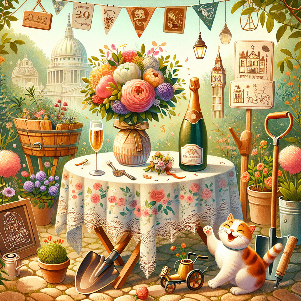 Create an enchanting birthday image set in a cozy outdoor ambiance. The centerpiece of this scene, a table covered with a floral tablecloth, boasts a bottle of champagne and a solitary glass, accompanied by a vibrant bouquet of flowers, adding to the festive atmosphere. A gleeful cat is exploring the area, contributing to the overall merriment. Aspects of gardening, represented by potted plants and a tiny spade, speak to a gardening enthusiast's domain. Against the backdrop, there are icon-like illustrations of landmarks and souvenirs from travelling, implying a theme of adventure and trekking paths, which rounds up the idyllic birthday storyline.
Generated with these themes: Champagne, Gardening, Walking, Travel, Cat, and Flowers.
Made with ❤️ by AI.