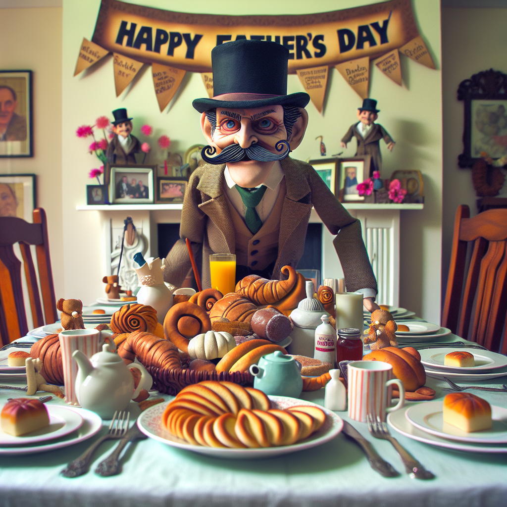 A Father's Day-themed scene unfolds, featuring a meticulously arranged dining table. The table center boasts a peculiar figurine known as 'The Slick Showman', playfully hinting at a humorous family story. This character is enveloped by an array of home-crafted decorations and a handmade banner that boldly declares 'Happy Father's Day.' The table offers a lavish breakfast assortment, untouched and eagerly awaiting the arrival of the invited guest of honor, brimming with their beloved delicacies, setting the stage for a day filled with heartfelt appreciation and merriment.
Generated with these themes: Greasy strangler.
Made with ❤️ by AI.