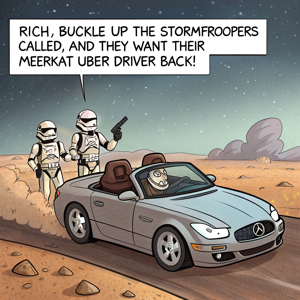 At the top of the image, "Rich, buckle up – the Stormtroopers called, and they want their Meerkat Uber driver back!"

- The cartoon image shows a squad of confused Stormtroopers crammed into a tiny convertible being recklessly driven by a wildly grinning meerkat in sunglasses.
- The car is zipping through a galactic desert landscape littered with speed limit signs in Aurebesh and Jawa hitchhikers holding “Tatooine or Bust” signs.
- One Stormtrooper in the back is trying to apply sunscreen through his helmet, another is gripping the dashboard in terror, while one holds a birthday cake that’s barely staying upright.
- Balloons trail behind the car reading "HBD RICH!" in comic book style bubble letters.
- In the sky, a small speech bubble from a passing Tie Fighter says, “Worst birthday ride ever!”
Generated with these themes: Cars, Stormtroopers, and Meerkats.
Made with ❤️ by AI.