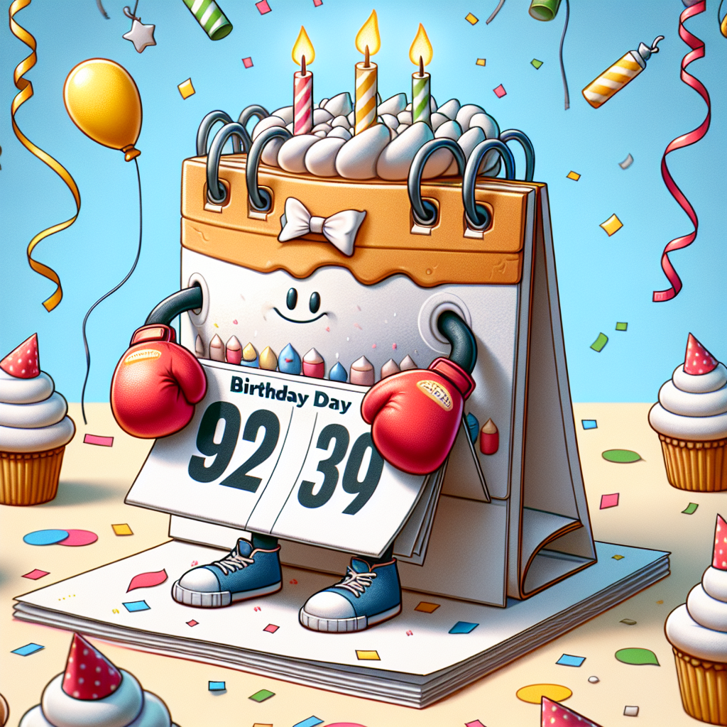Craft a humorous birthday illustration showcasing an animated Birthday Cake garbed in kickboxing gloves, standing victoriously on a defeated calendar page which marks the date. The cake is playfully smirking, suggesting it just won a battle against time. Let party streamers and confetti rain around and create a festive ambiance. Include a crowd of amused cupcakes admiring the scene from the sidelines.
Generated with these themes: Kickboxing.
Made with ❤️ by AI.